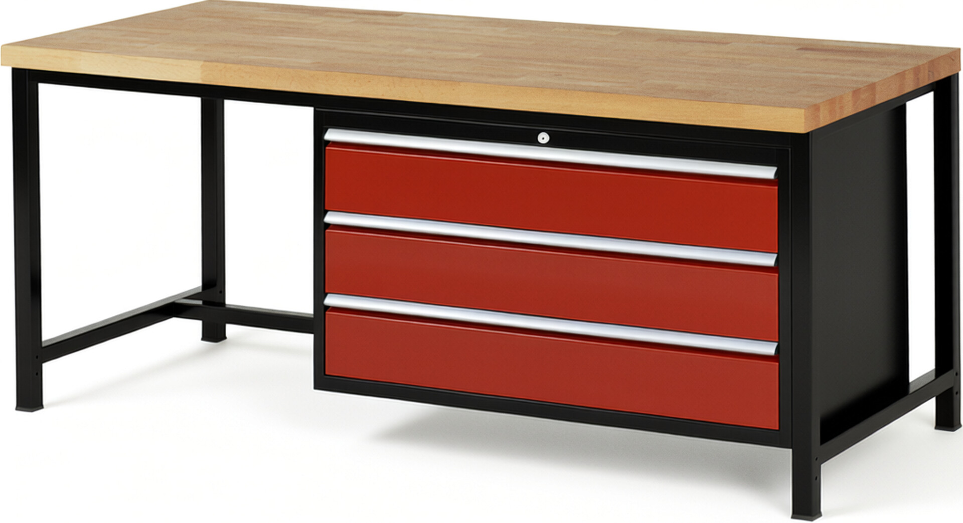 RAU Werkbank schwarz - rot - Breite 200 cm - Tiefe 90 cm - Höhe 104 cm - Buche-Massiv Arbeitsplatte 40 mm