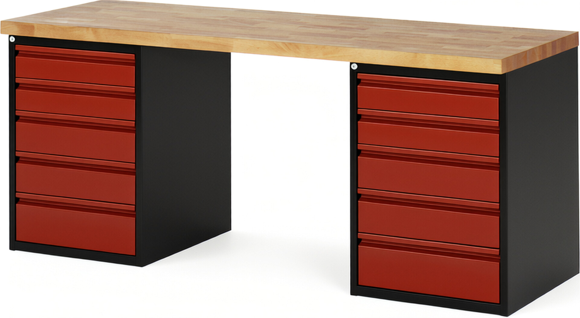 Werkbank - Modell 7513 BASIC schwarz-rot, BxTxH 2000x700x840 mm,  Buche-Massiv Arbeitsplatte 40 mm,  10 Schubladen mit  Auszug 90 %