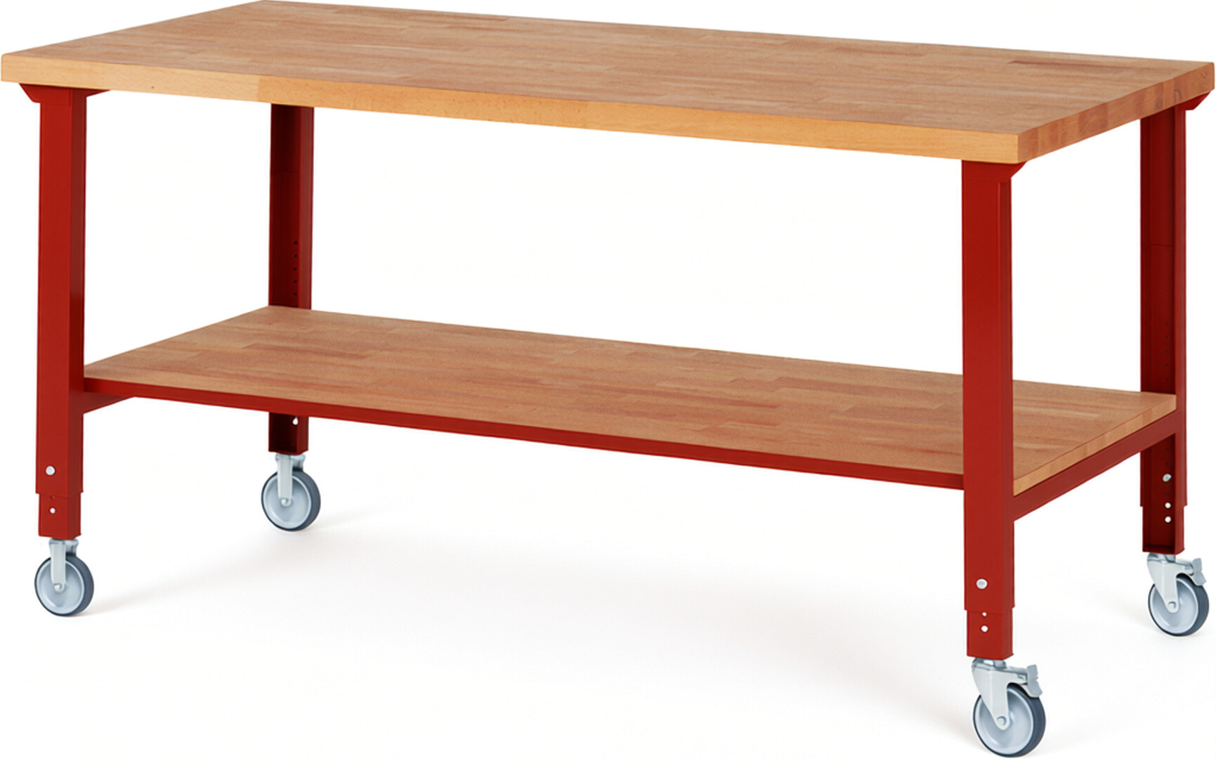 Fahrbare Werkbank Modell 7000 rot, BxTxH 2000x900x950-1000 mm,  Buche-Massiv Arbeitsplatte 40 mm
