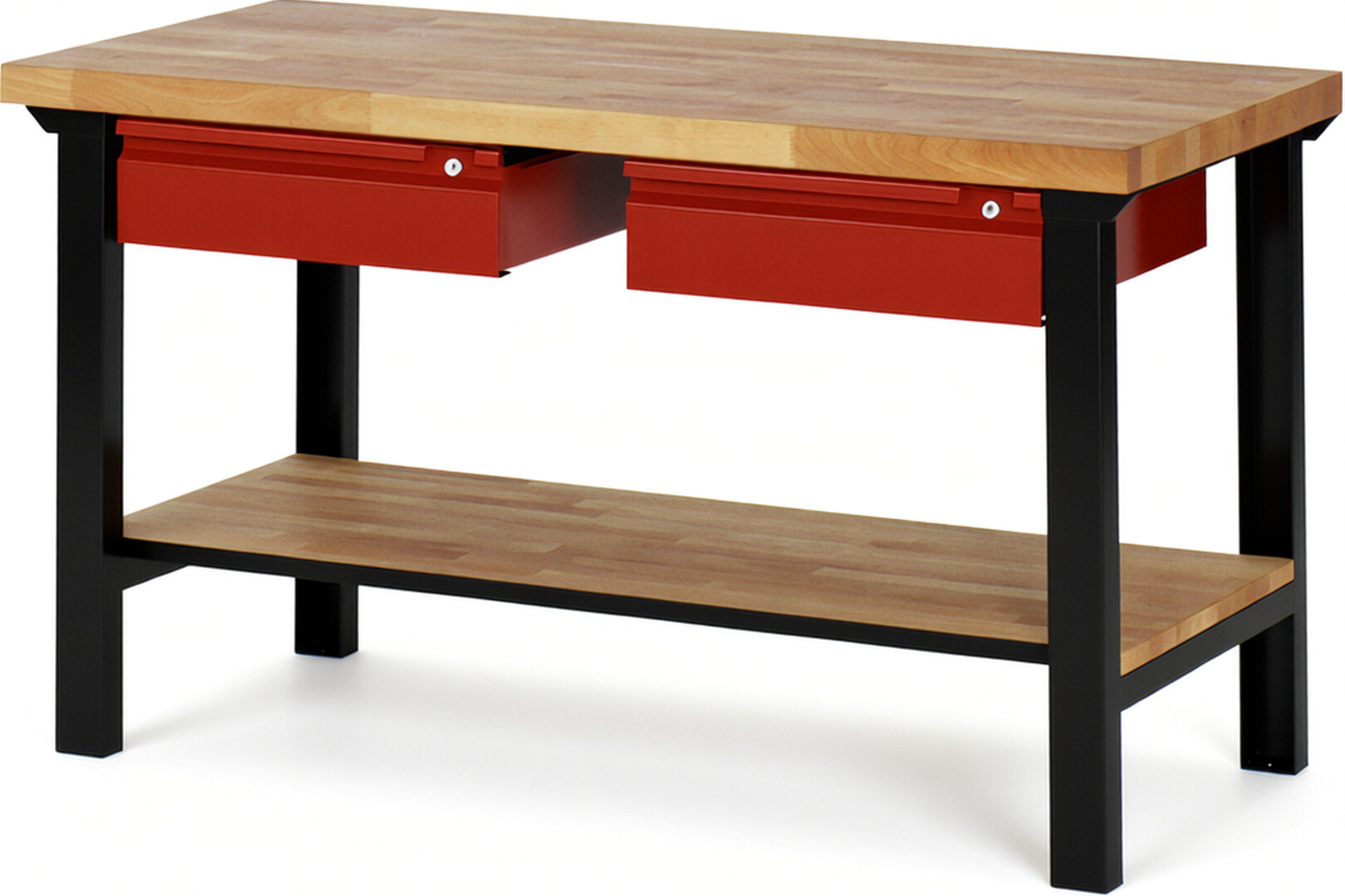 RAU Werkbank schwarz - rot - Breite 150 cm - Tiefe 70 cm - Höhe 84 cm - Buche-Massiv Arbeitsplatte 40 mm