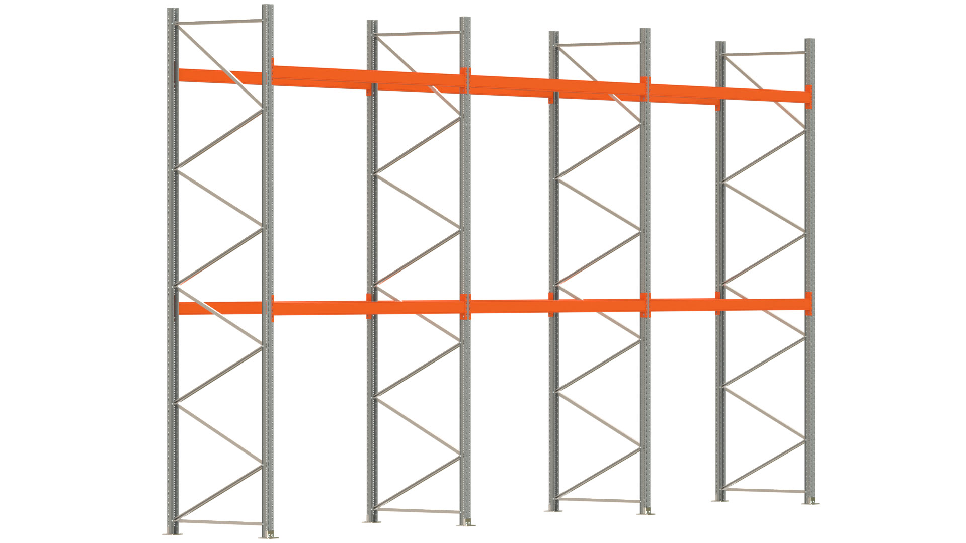 Palettenregal ARTUS - Breite 844 cm - Höhe 450 cm - Tiefe 110 cm - 2 Träger-Ebenen - max. Fachlast 2100 kg - 27 Palettenstellplätze