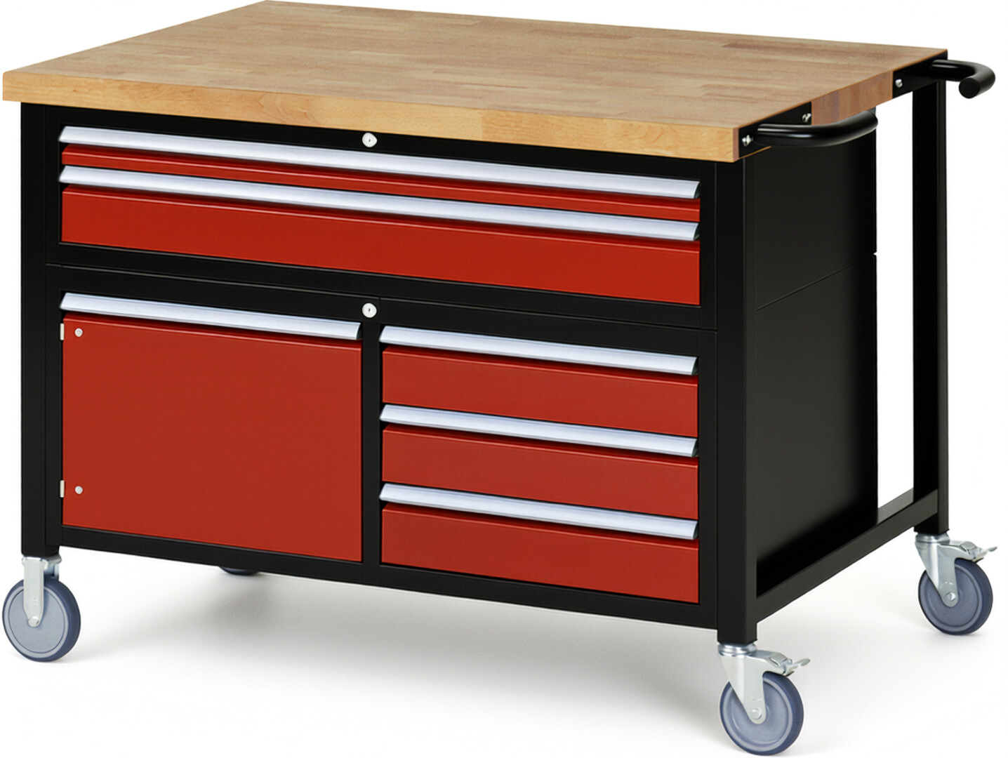 Fahrbare Werkbank Modell 8922 schwarz-rot, BxTxH 1250x900x920 mm,  Buche-Massiv Arbeitsplatte 40 mm,  5 Schubladen mit  Auszug 90 %