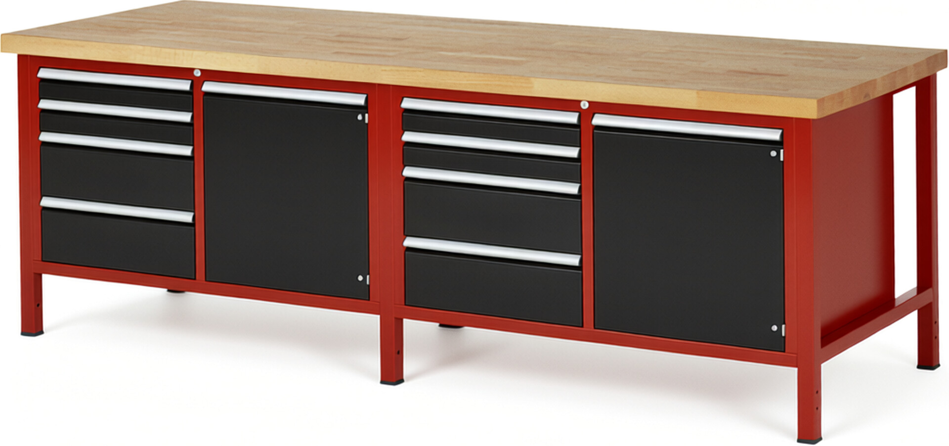 Werkbank Modell 8470 rot - schwarz, BxTxH 2500x900x840-1040 mm,  Buche-Massiv Arbeitsplatte 40 mm,  8 Schubladen mit  Auszug 90 %