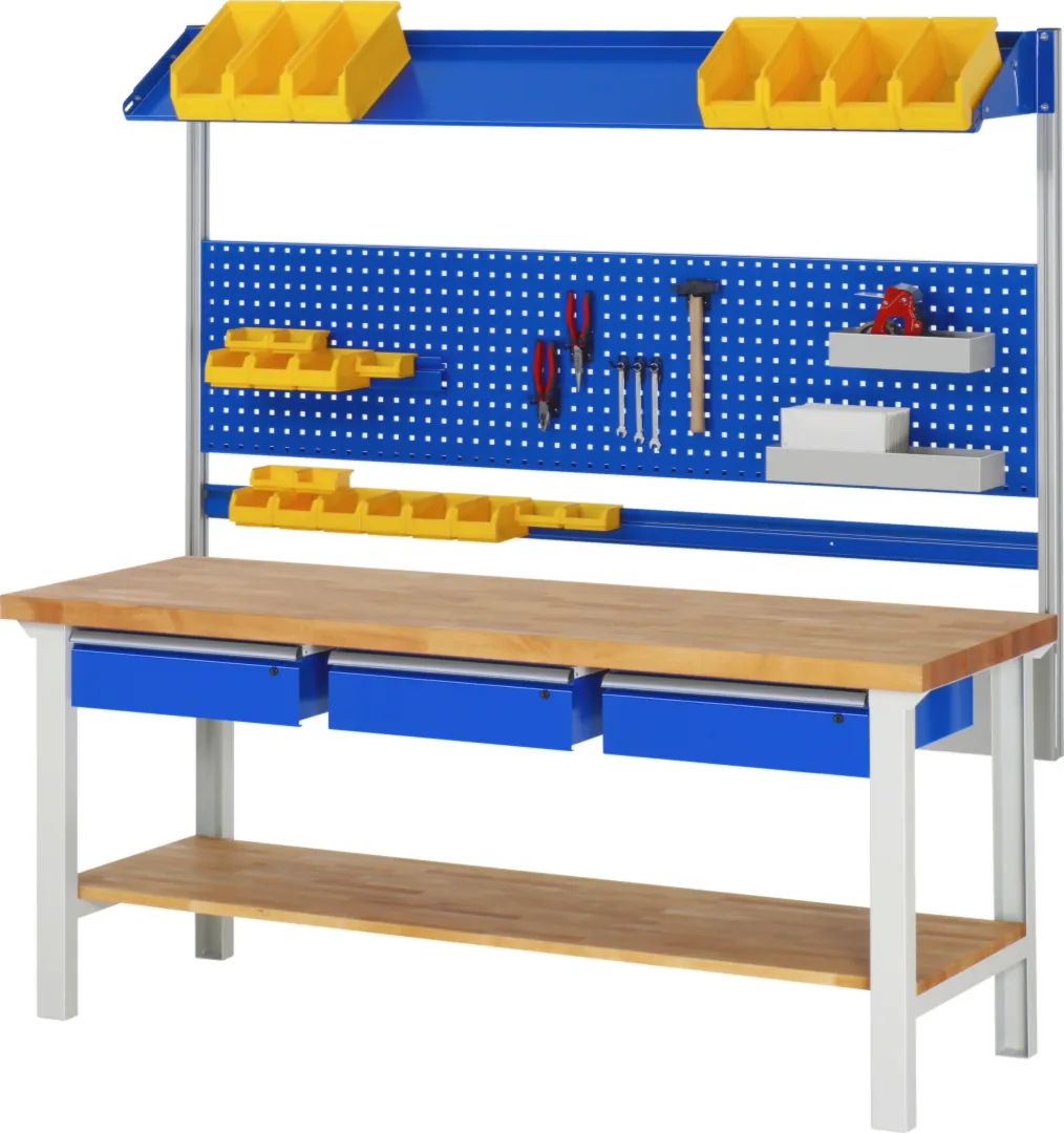 Werkbank Modell 7002 rot, BxTxH 2000x900x840 mm,  Buche-Massiv Arbeitsplatte 40 mm,  2 Schubladen mit  Auszug 90 %