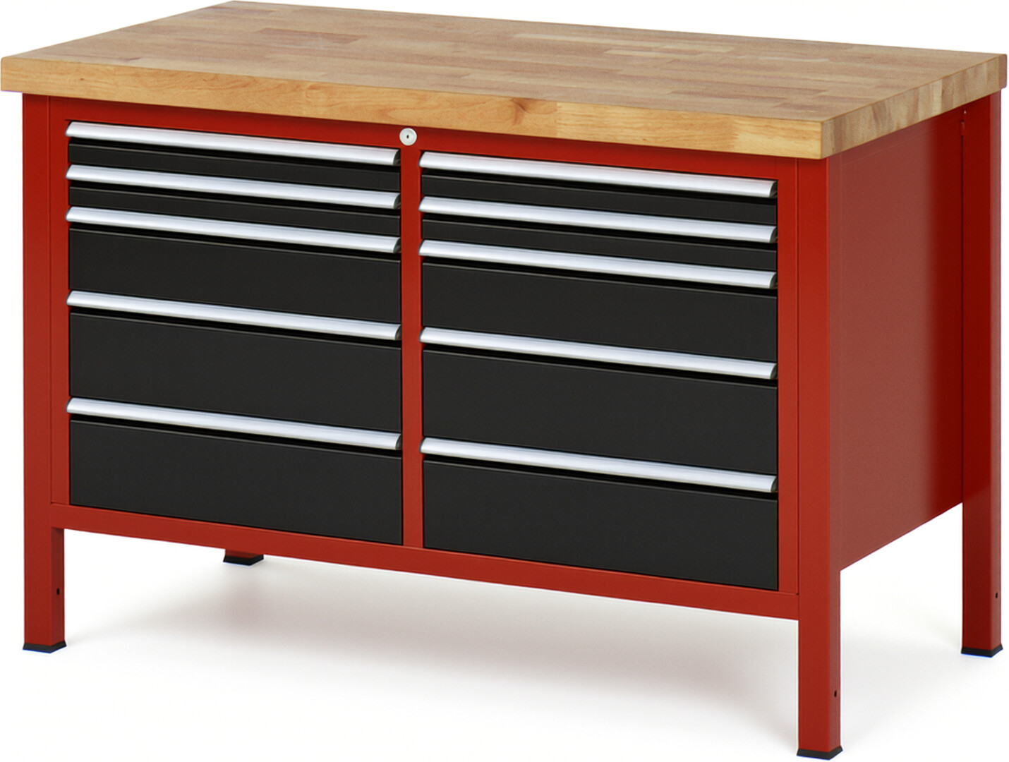 Werkbank Modell 8480 rot - schwarz, BxTxH 1250x700x840 mm,  Buche-Massiv Arbeitsplatte 40 mm,  10 Schubladen mit  Vollauszug 100 % und  SoftClosing