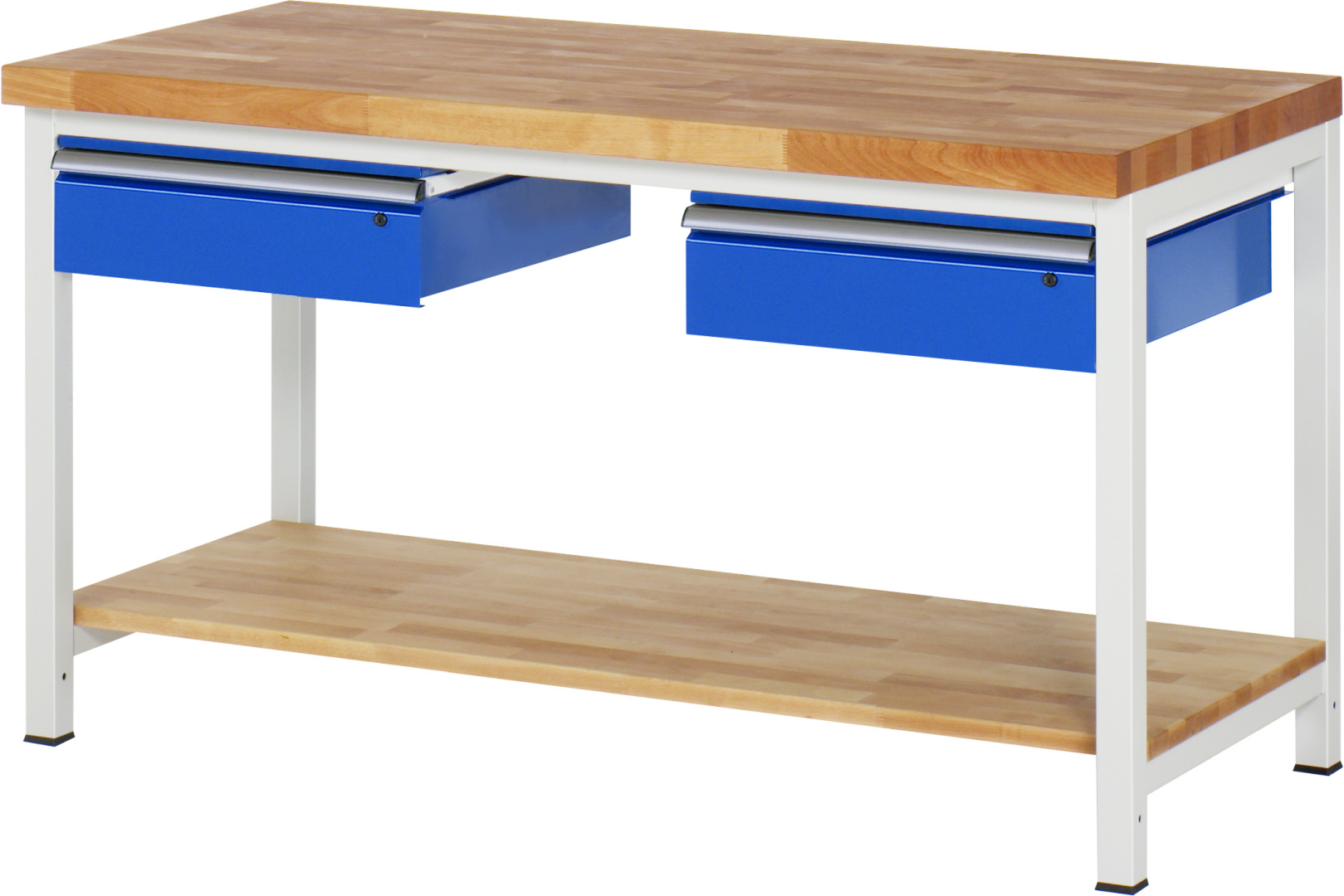 Werkbank Modell 8002,  BxTxH 1500x700x840-1040 mm,  Buche-Massiv Arbeitsplatte 40 mm,  2 Schubladen mit  Auszug 90 %