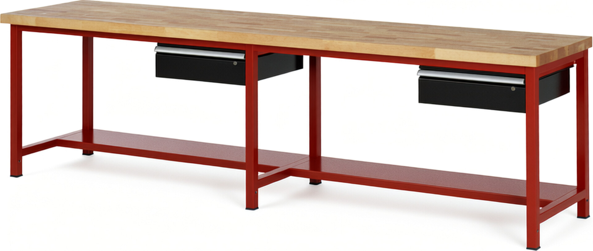 Werkbank Modell 8001 rot - schwarz, BxTxH 3000x700x840 mm,  Buche-Massiv Arbeitsplatte 40 mm,  2 Schubladen mit  Auszug 90 %