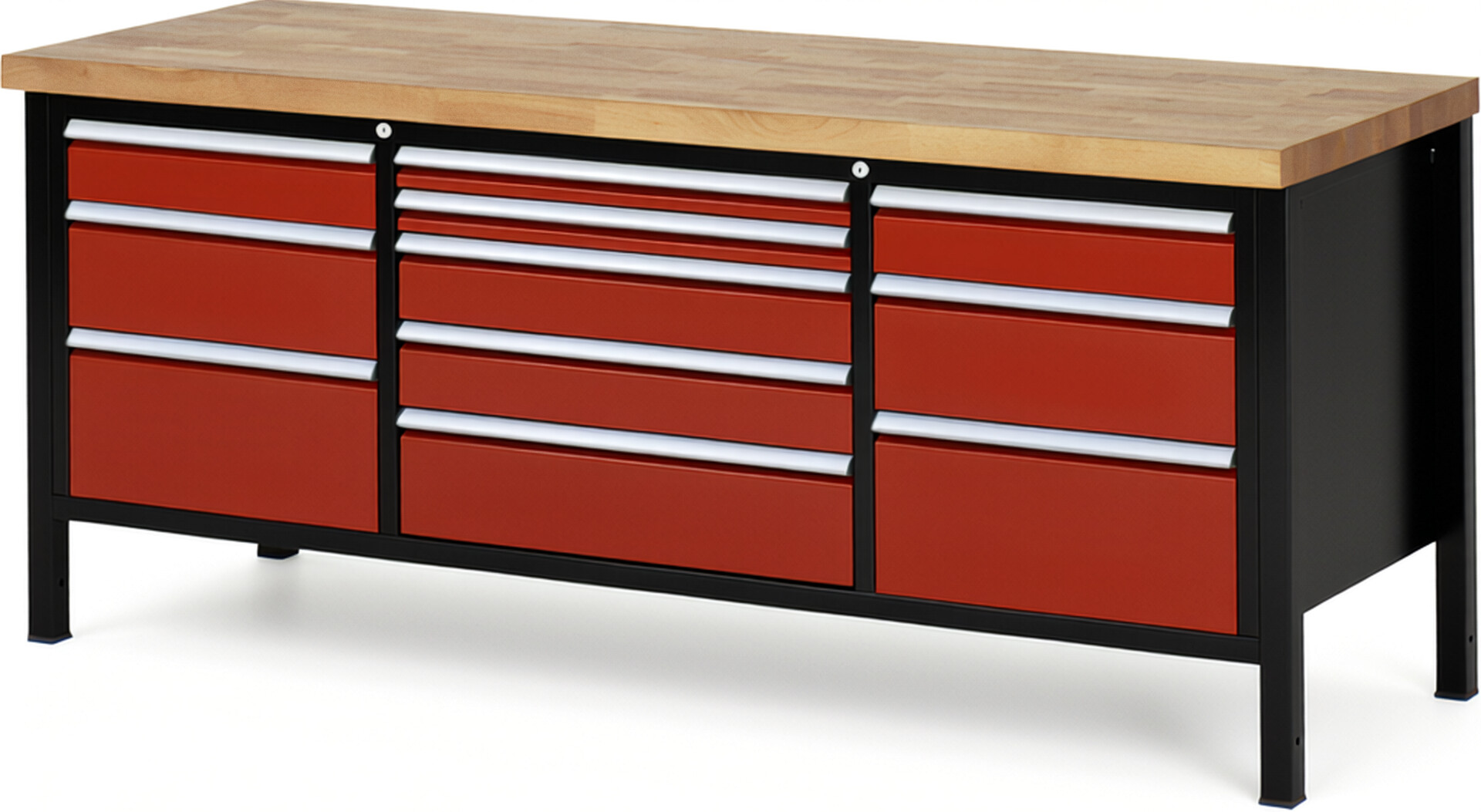 RAU Werkbank schwarz - rot - Breite 200 cm - Tiefe 70 cm - Höhe 104 cm - Buche-Massiv Arbeitsplatte 40 mm