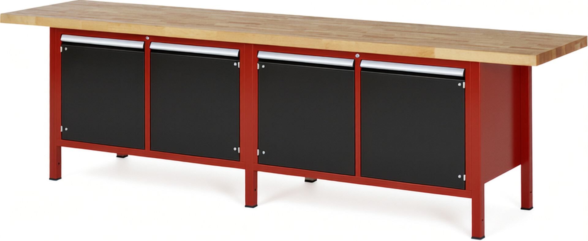 RAU Werkbank rot - schwarz - Breite 300 cm - Tiefe 70 cm - Höhe 104 cm - Buche-Massiv Arbeitsplatte 40 mm