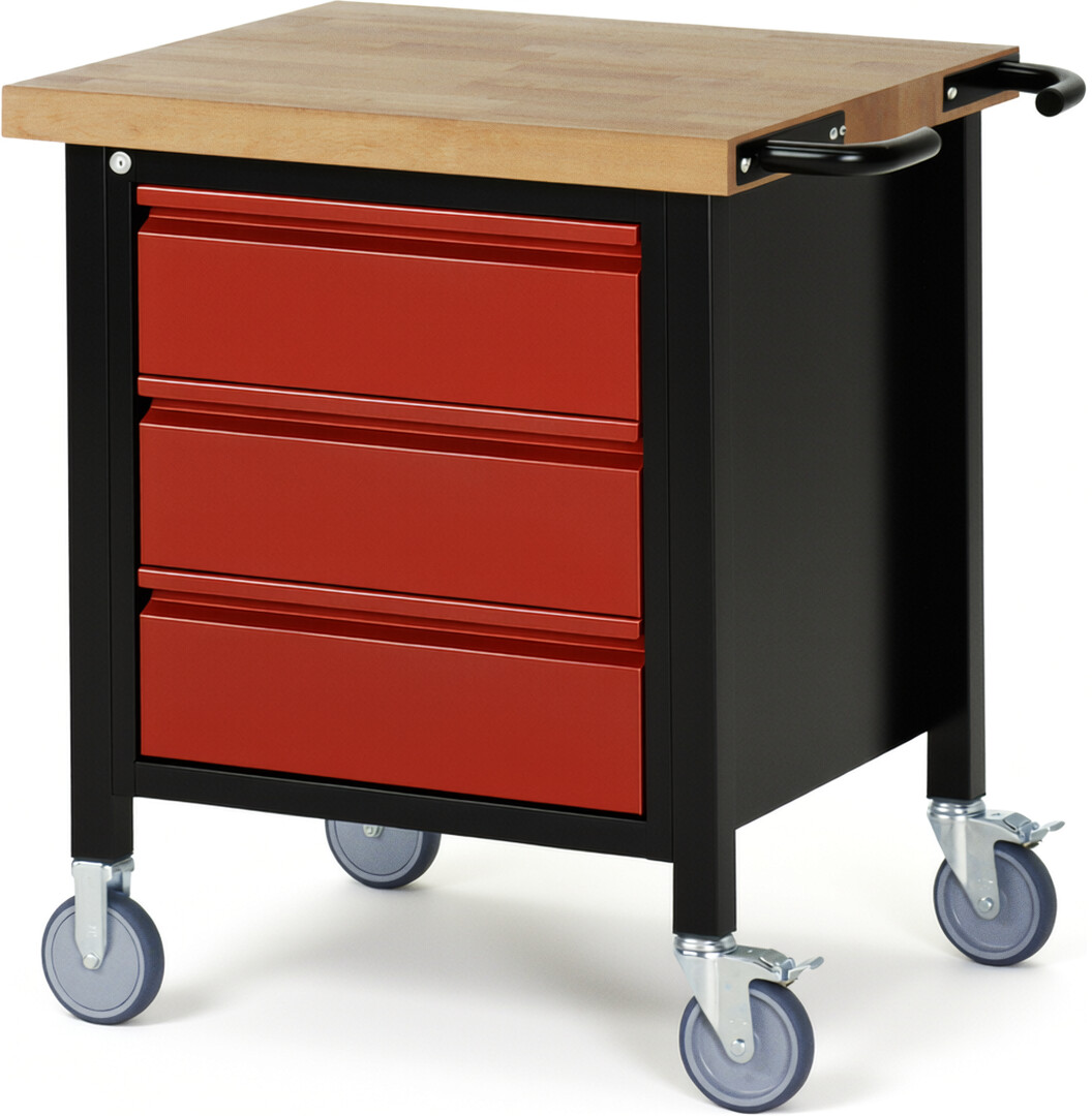 RAU Werkbank schwarz - rot - Breite 75 cm - Tiefe 70 cm - Höhe 88 cm - Buche-Massiv Arbeitsplatte 40 mm