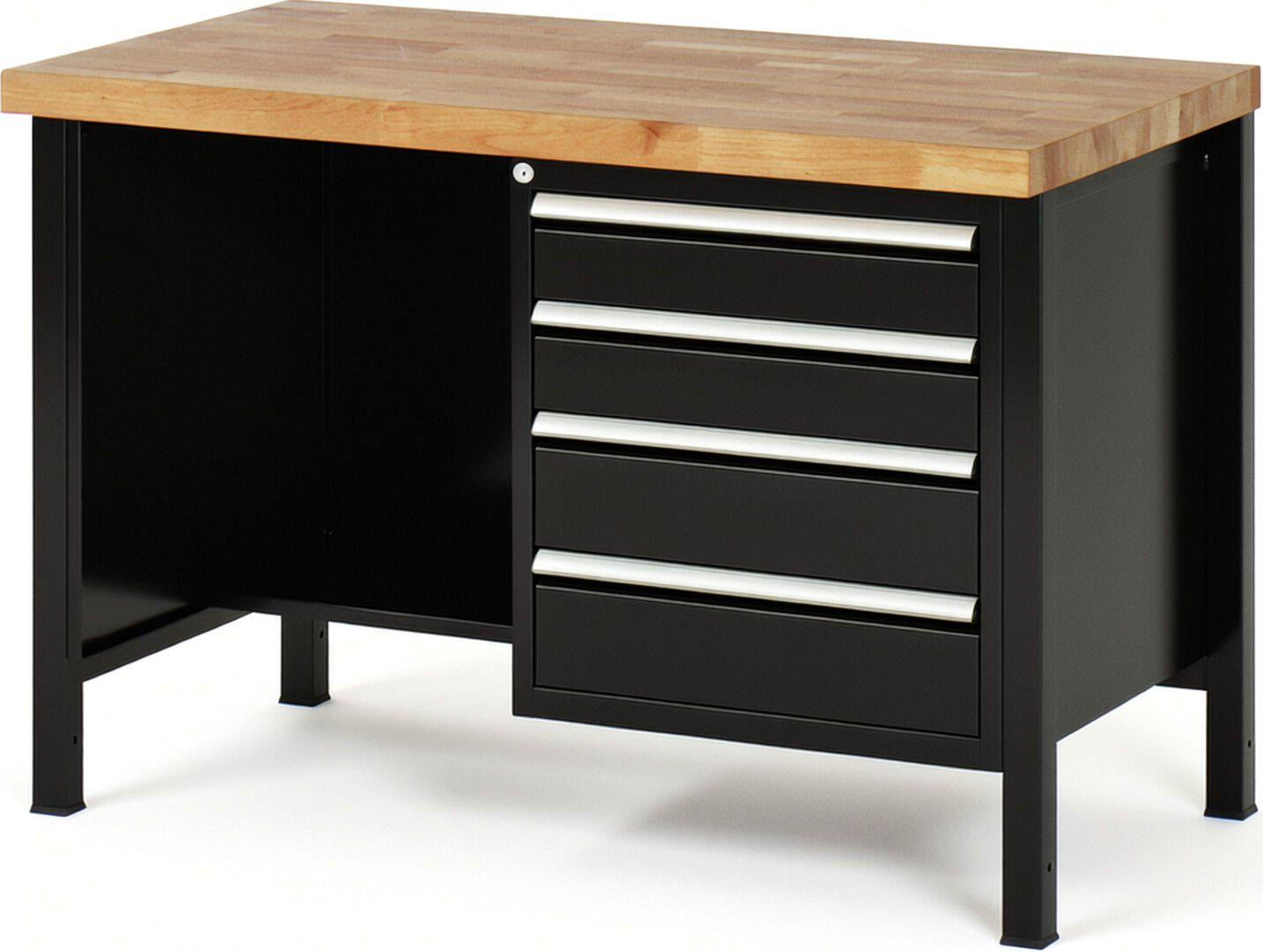 RAU Werkbank schwarz - Breite 125 cm - Tiefe 70 cm - Höhe 104 cm - Buche-Massiv Arbeitsplatte 40 mm