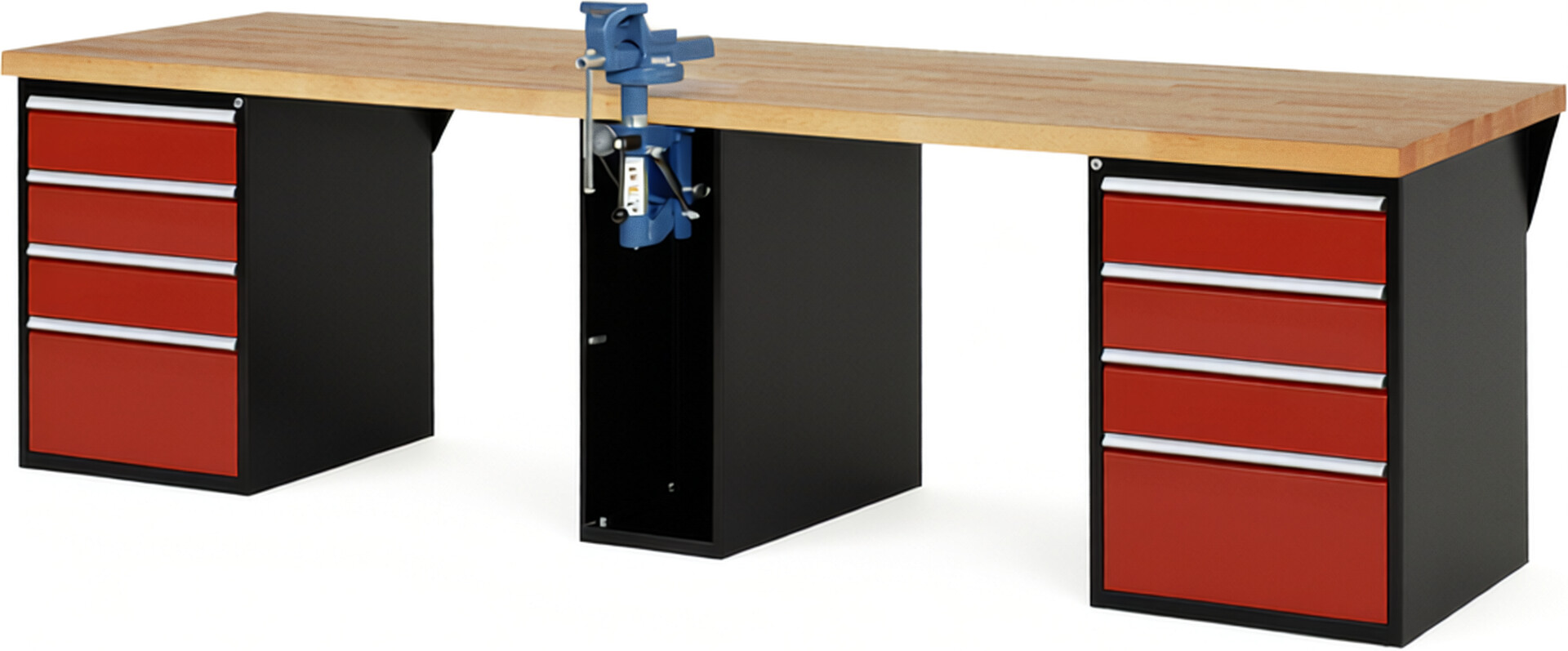 Werkbank Modell 7510 schwarz-rot, BxTxH 3000x900x890 mm,  Buche-Massiv Arbeitsplatte 40 mm,  8 Schubladen mit  Vollauszug 100 % und  SoftClosing