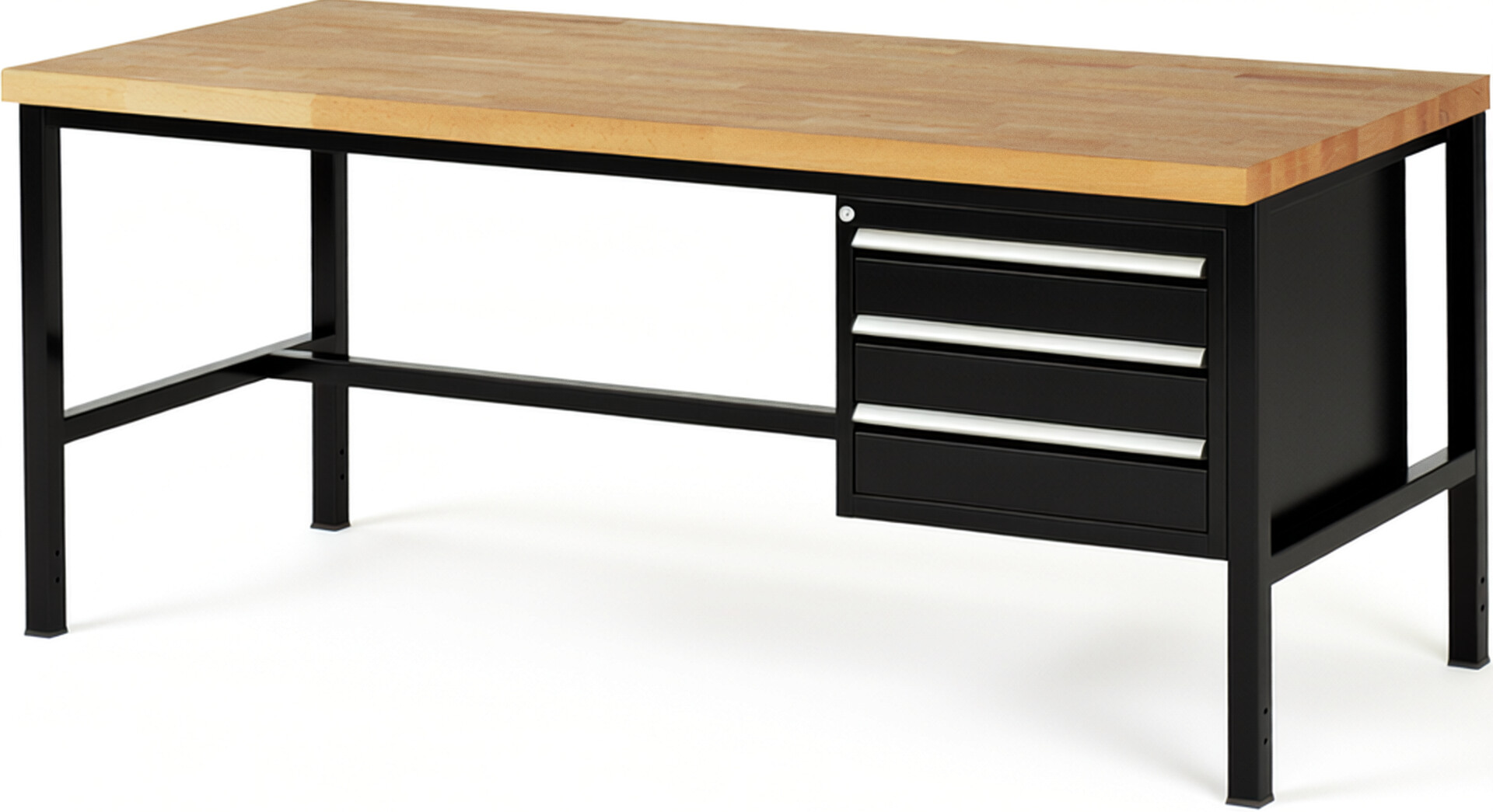 Werkbank Modell 8127 schwarz, BxTxH 2000x900x840-1040 mm,  Buche-Massiv Arbeitsplatte 40 mm,  3 Schubladen mit  Auszug 90 %