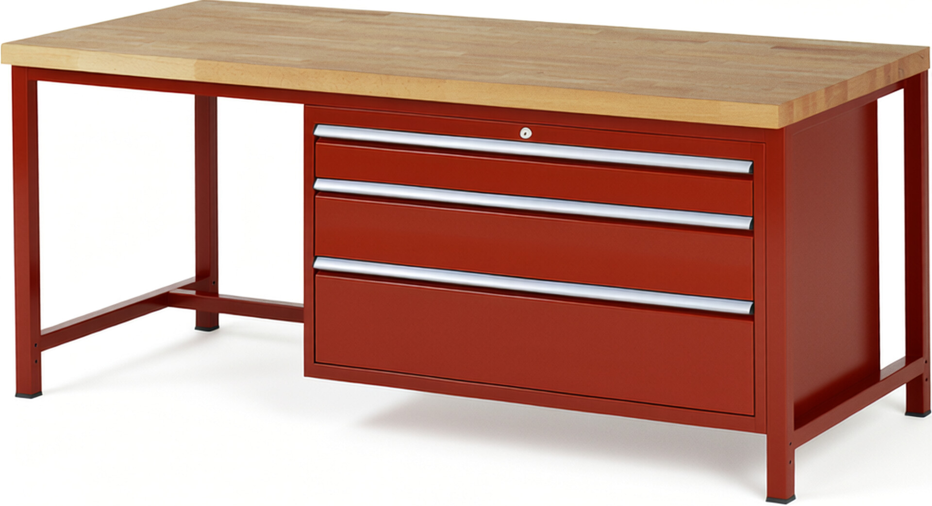 Werkbank Modell 8359 rot, BxTxH 2000x900x840-1040 mm,  Buche-Massiv Arbeitsplatte 40 mm,  3 Schubladen mit  Vollauszug 100 % und  SoftClosing
