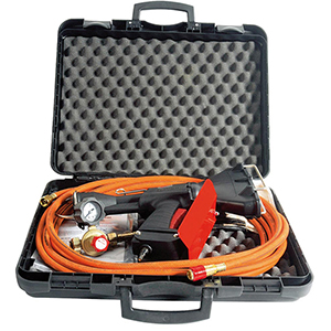 Schrumpfpistole, Einsteiger-Set, Sicherheitsdruckregler, 8 m Propangas-Hochdruckschlauch, Koffer, Druckminderer, Nennwärmebelastung 65 kW, Gewicht 1,2