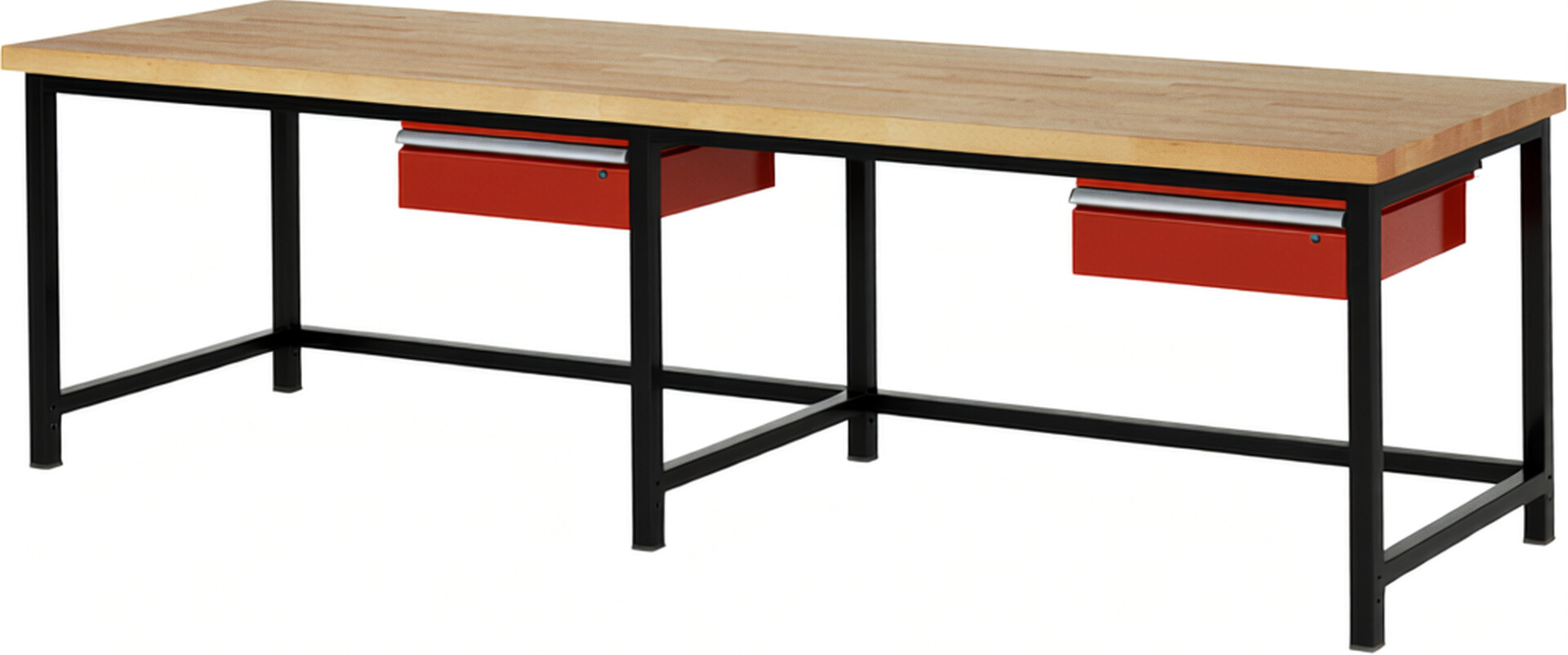 RAU Werkbank schwarz - rot - Breite 300 cm - Tiefe 90 cm - Höhe 104 cm - Buche-Massiv Arbeitsplatte 40 mm