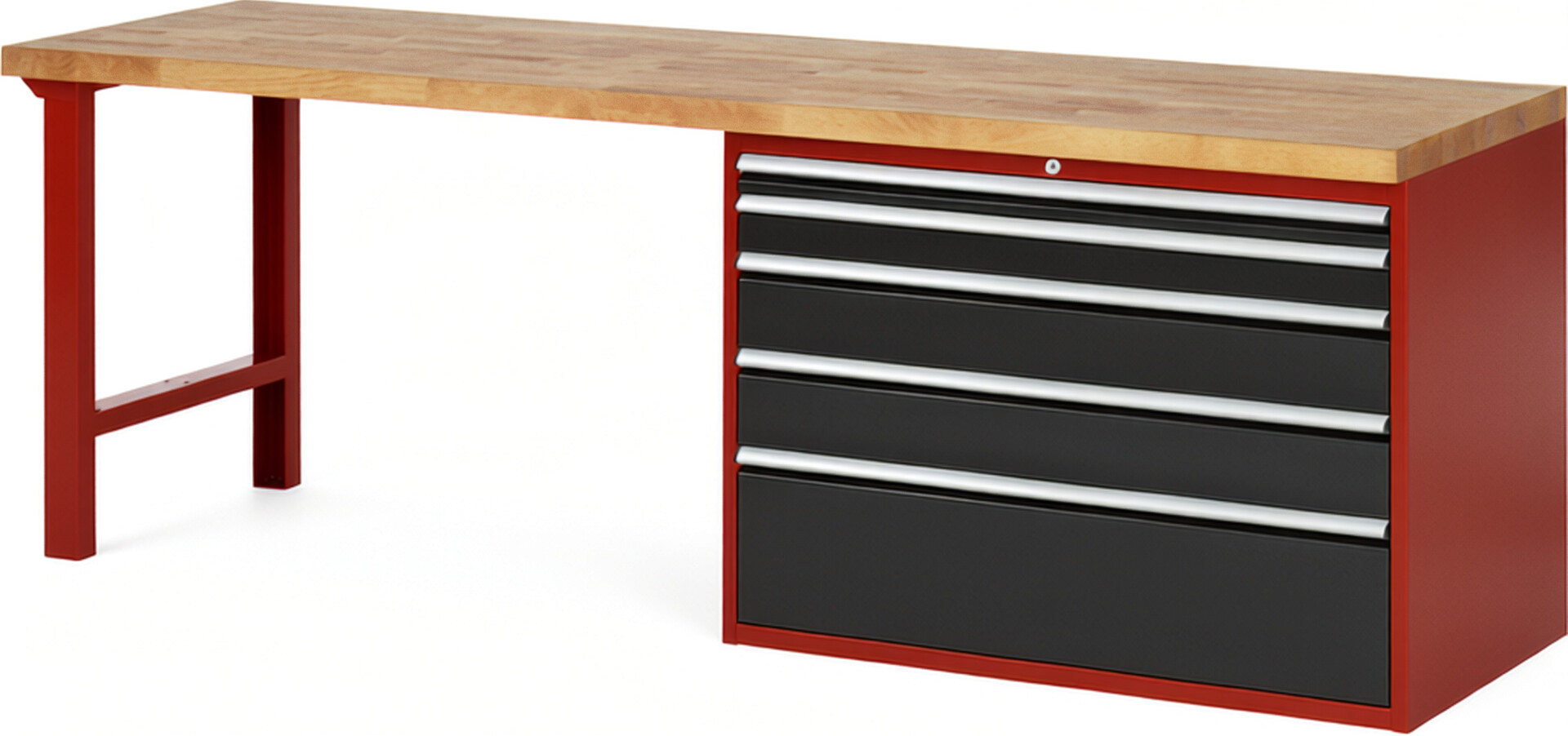 Werkbank Modell 7711 rot - schwarz, BxTxH 2500x700x840 mm,  Buche-Massiv Arbeitsplatte 40 mm,  5 Schubladen mit  Vollauszug 100 % und  SoftClosing