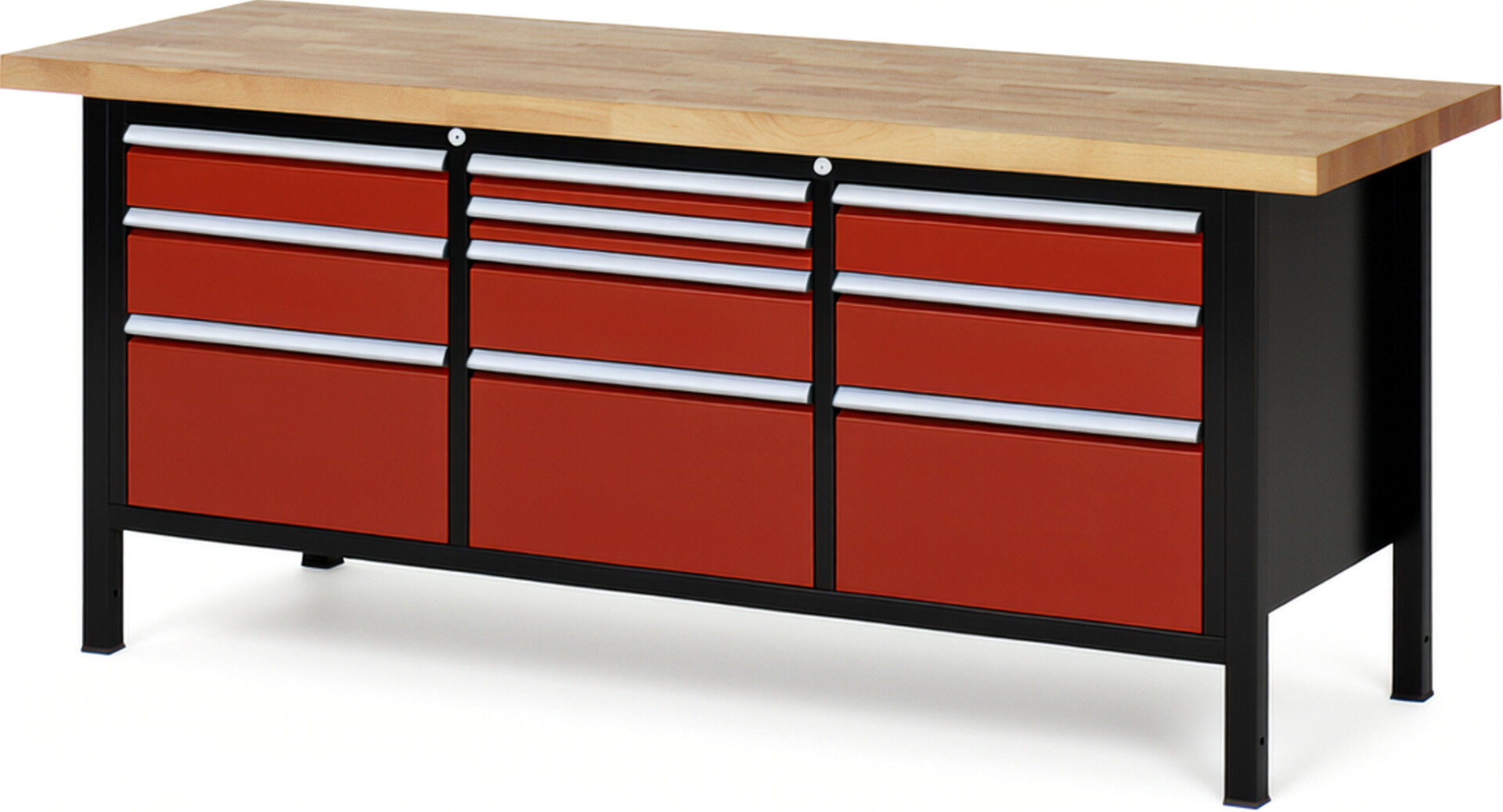 RAU Werkbank schwarz - rot - Breite 200 cm - Tiefe 70 cm - Höhe 104 cm - Buche-Massiv Arbeitsplatte 40 mm
