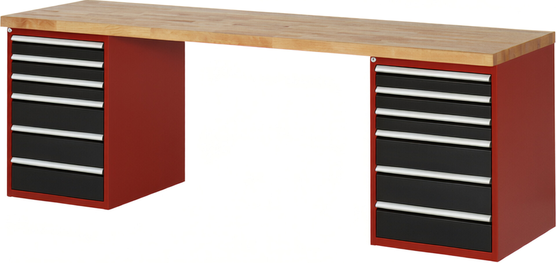 Werkbank Modell 7515 rot - schwarz, BxTxH 2500x700x840 mm,  Buche-Massiv Arbeitsplatte 40 mm,  12 Schubladen mit  Vollauszug 100 % und  SoftClosing