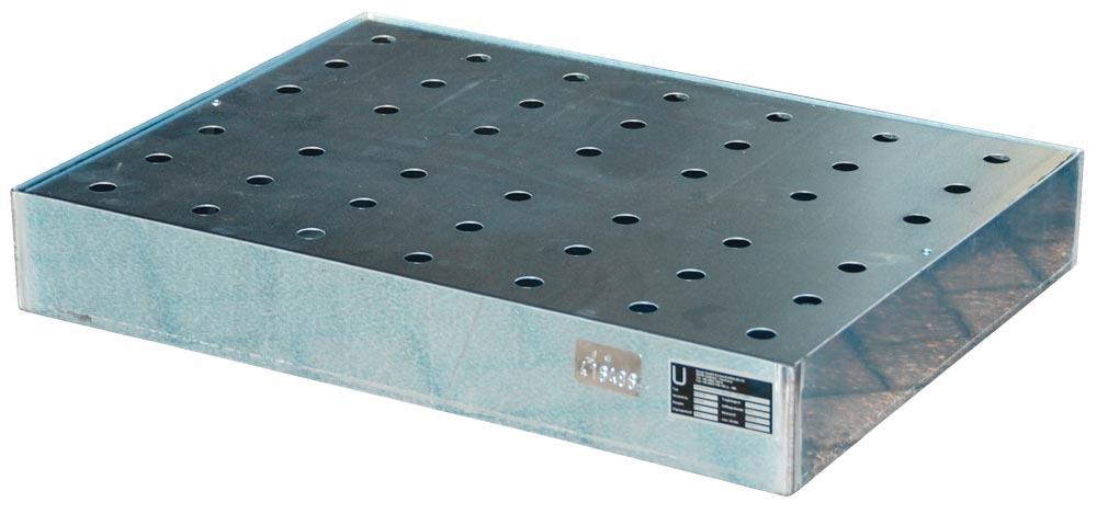 Kleingebindewannen aus verzinktem Stahlblech für Paletten, BxTxH 600x800x120 mm, Auffangvolumen 40 l, Traglast 100 kg, Gewicht 28 kg, Lochrost