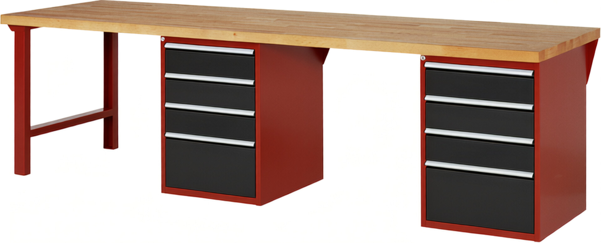 Werkbank Modell 7510 rot - schwarz, BxTxH 3000x900x890 mm,  Buche-Massiv Arbeitsplatte 40 mm,  8 Schubladen mit  Vollauszug 100 % und  SoftClosing