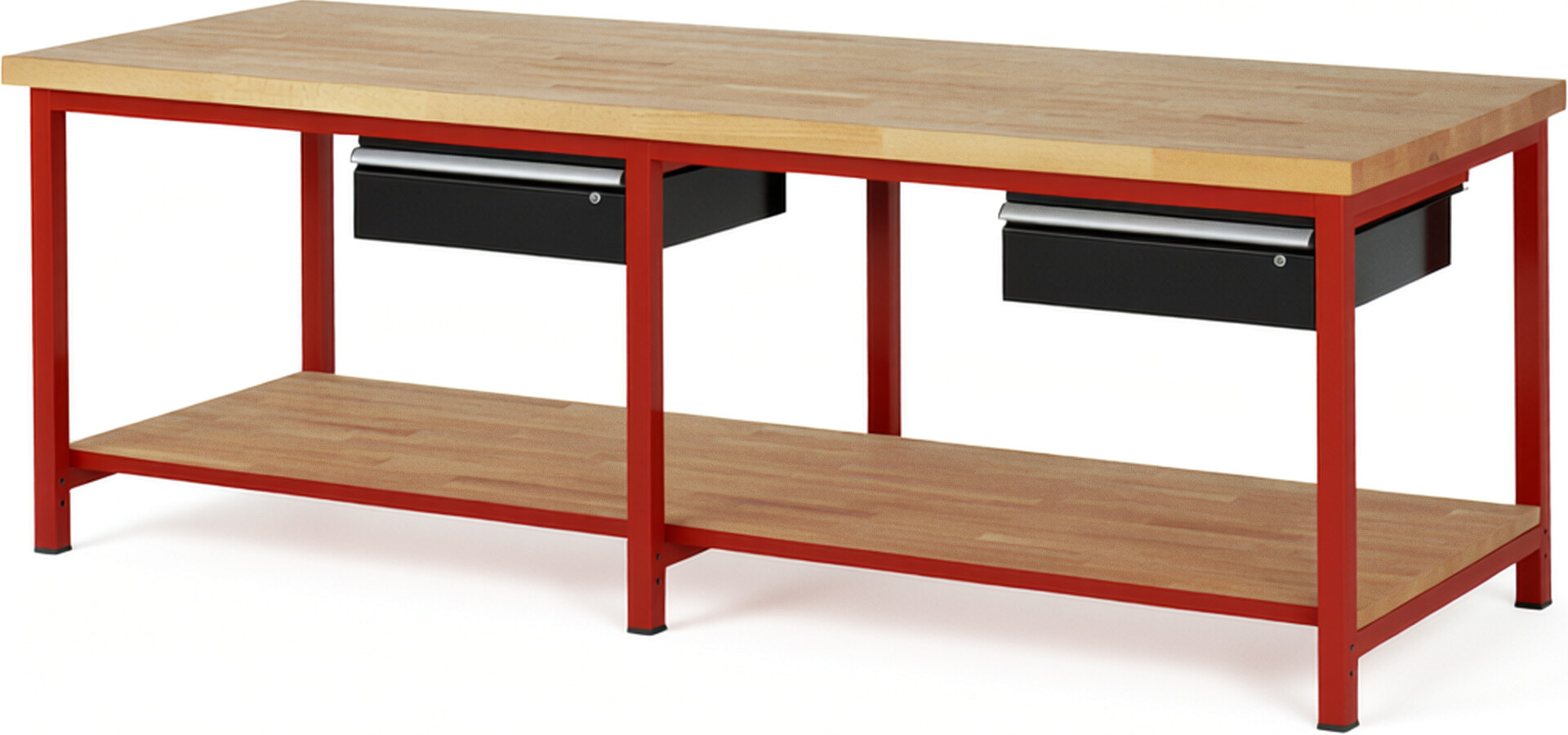 Werkbank Modell 8001 rot - schwarz, BxTxH 2500x900x840-1040 mm,  Buche-Massiv Arbeitsplatte 40 mm,  2 Schubladen mit  Auszug 90 %