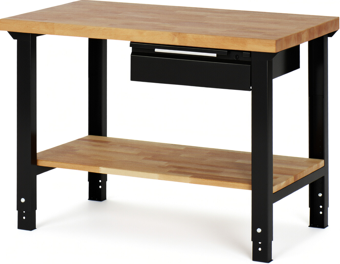 Werkbank - Modell 7001 BASIC schwarz, BxTxH 1250x700x790-1140 mm,  Buche-Massiv Arbeitsplatte 40 mm,  1 Schublade mit  Auszug 90 %