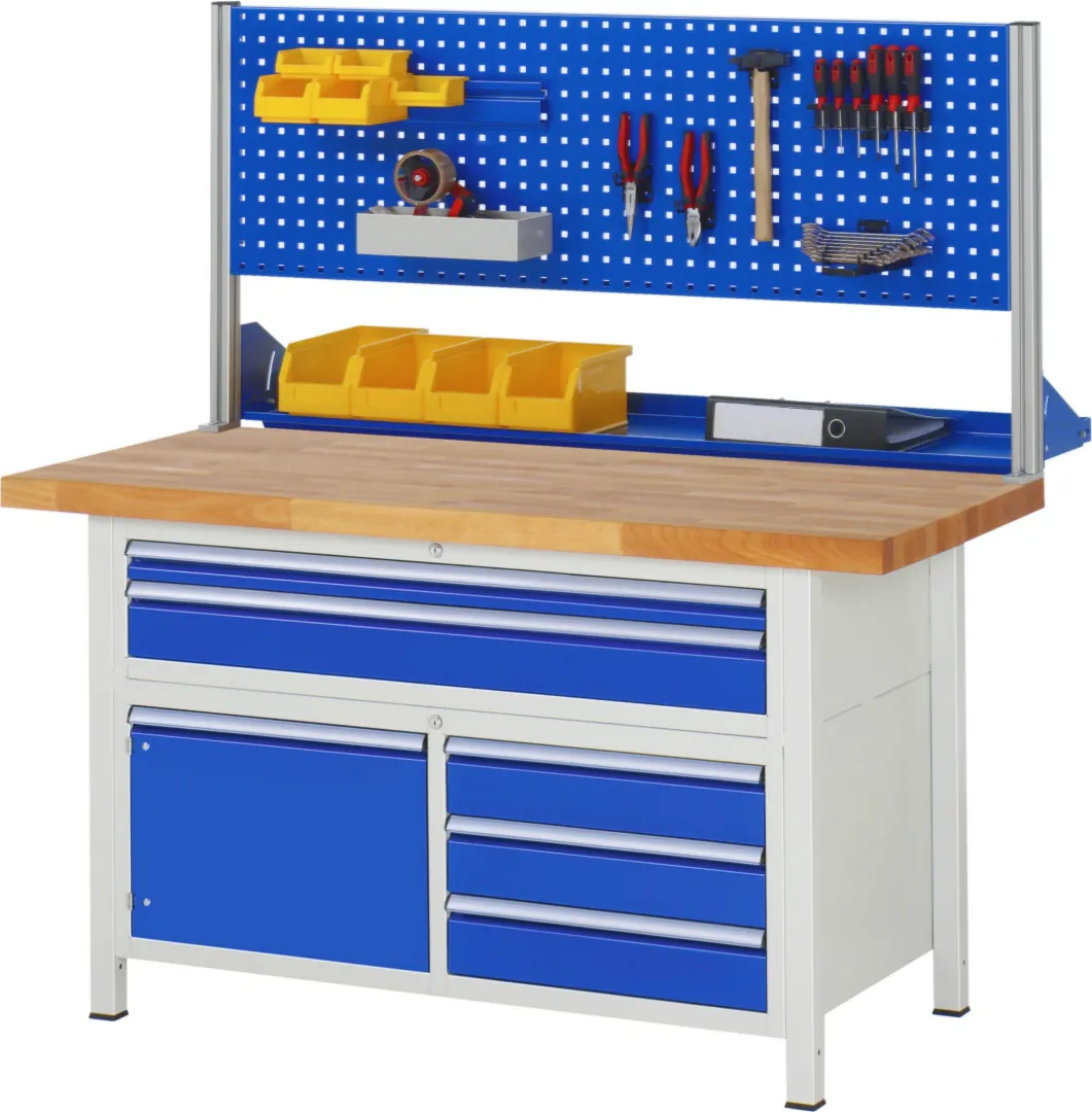 Werkbank Modell 8923 schwarz, BxTxH 1500x900x840-1040 mm,  Buche-Massiv Arbeitsplatte 40 mm,  9 Schubladen mit  Auszug 90 %