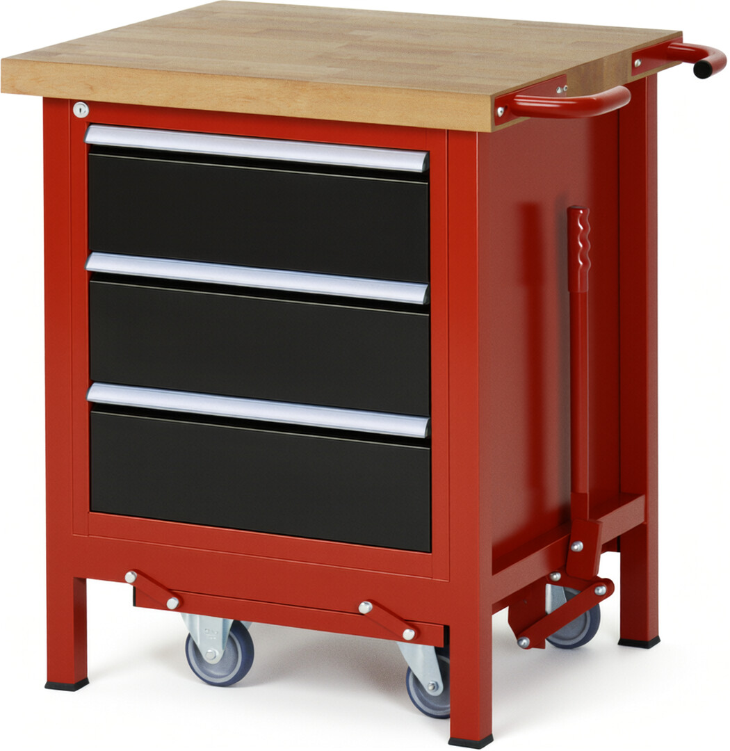Absenkbare Werkbank Modell 8157 rot - schwarz, BxTxH 750x700x880 mm,  Buche-Massiv Arbeitsplatte 40 mm,  3 Schubladen mit  Vollauszug 100 % und  SoftClosing