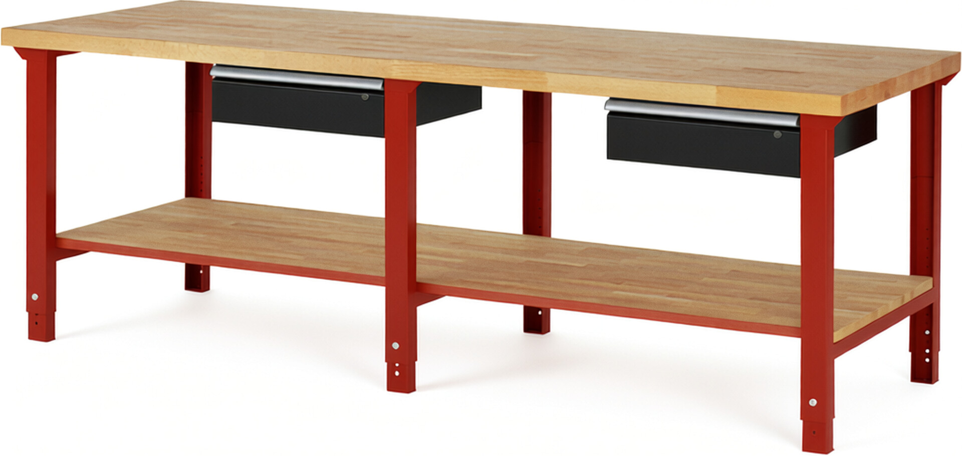 Werkbank Modell 7001 rot - schwarz, BxTxH 2500x900x790-1140 mm,  Buche-Massiv Arbeitsplatte 40 mm,  2 Schubladen mit  Auszug 90 %