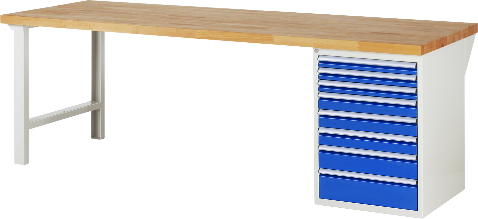 Werkbank Modell 7519 rot - schwarz, BxTxH 2500x900x890 mm,  Buche-Massiv Arbeitsplatte 40 mm,  8 Schubladen mit  Vollauszug 100 % und  SoftClosing