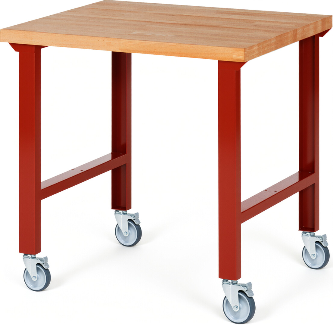 Fahrbare Werkbank Modell 7000 rot, BxTxH 1000x900x1000 mm,  Buche-Massiv Arbeitsplatte 40 mm