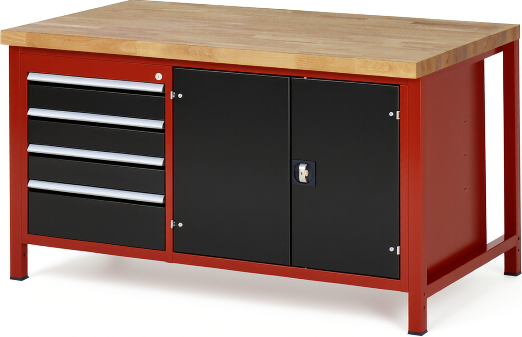 RAU Werkbank rot - schwarz - Breite 150 cm - Tiefe 90 cm - Höhe 104 cm - Buche-Massiv Arbeitsplatte 40 mm