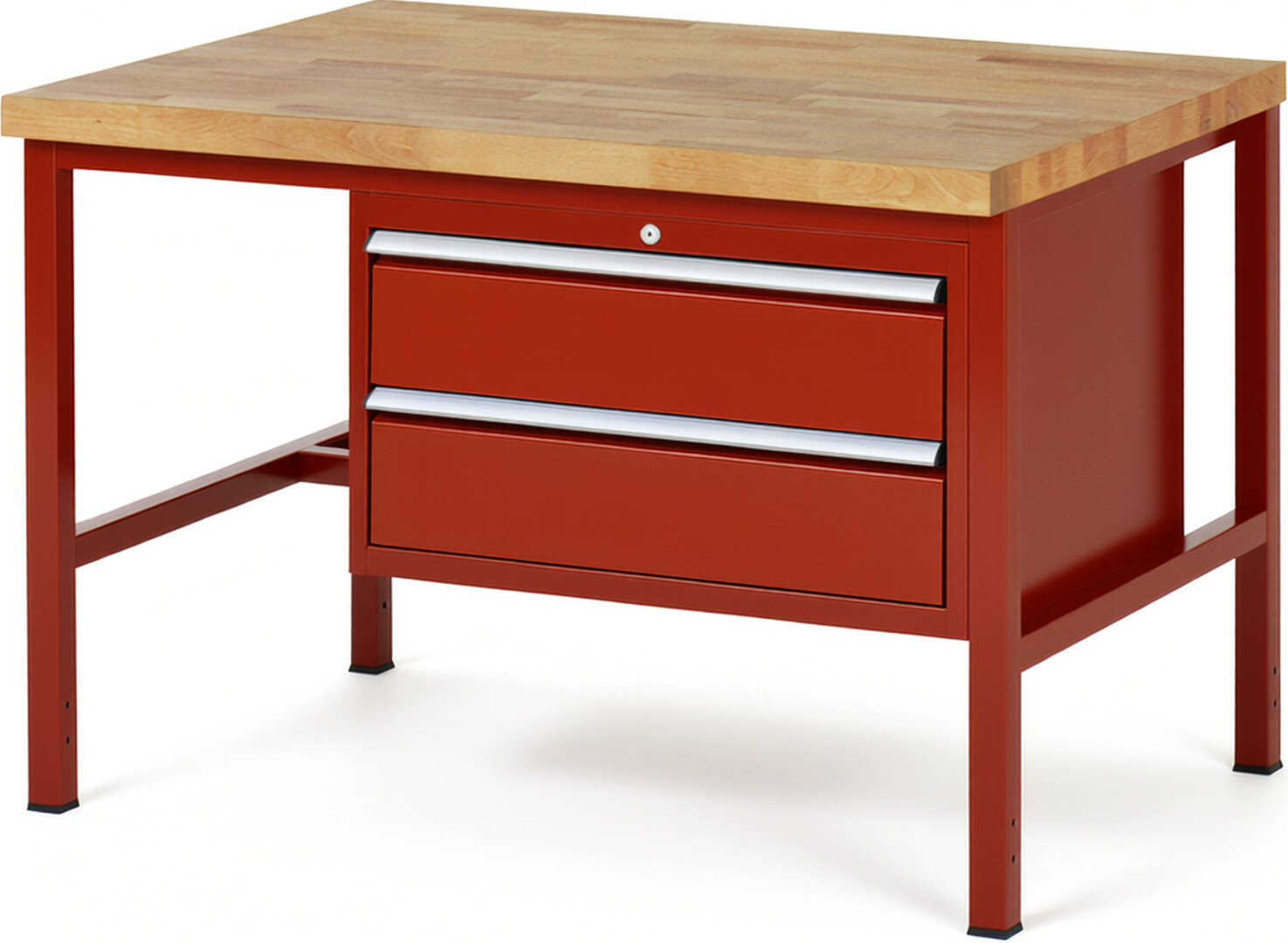 Werkbank Modell 8225 rot, BxTxH 1250x900x840-1040 mm,  Buche-Massiv Arbeitsplatte 40 mm,  2 Schubladen mit  Vollauszug 100 % und  SoftClosing