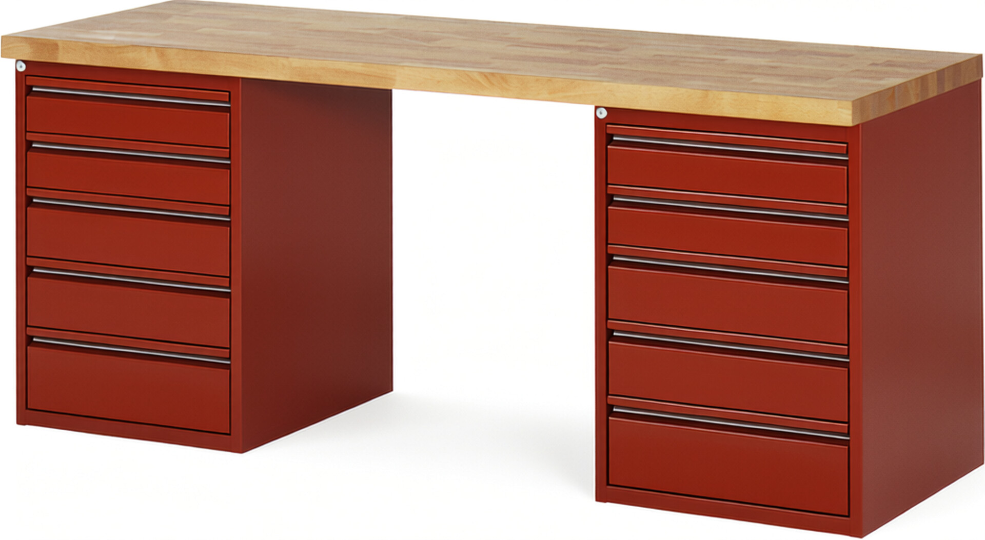 Werkbank - Modell 7513 BASIC rot, BxTxH 2000x700x840 mm,  Buche-Massiv Arbeitsplatte 40 mm,  10 Schubladen mit  Auszug 90 %