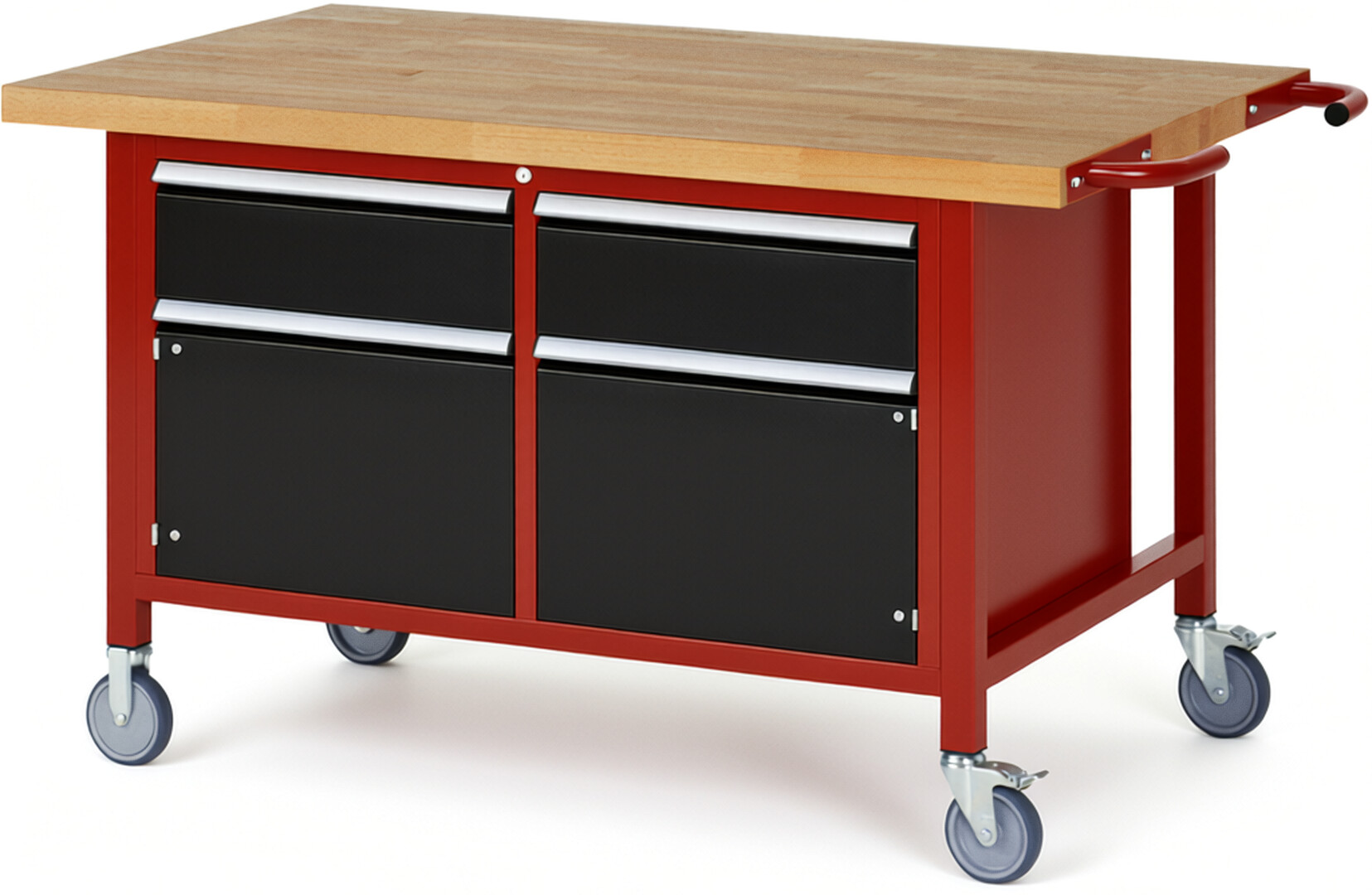 RAU Werkbank rot - schwarz - Breite 150 cm - Tiefe 90 cm - Höhe 88 cm - Buche-Massiv Arbeitsplatte 40 mm