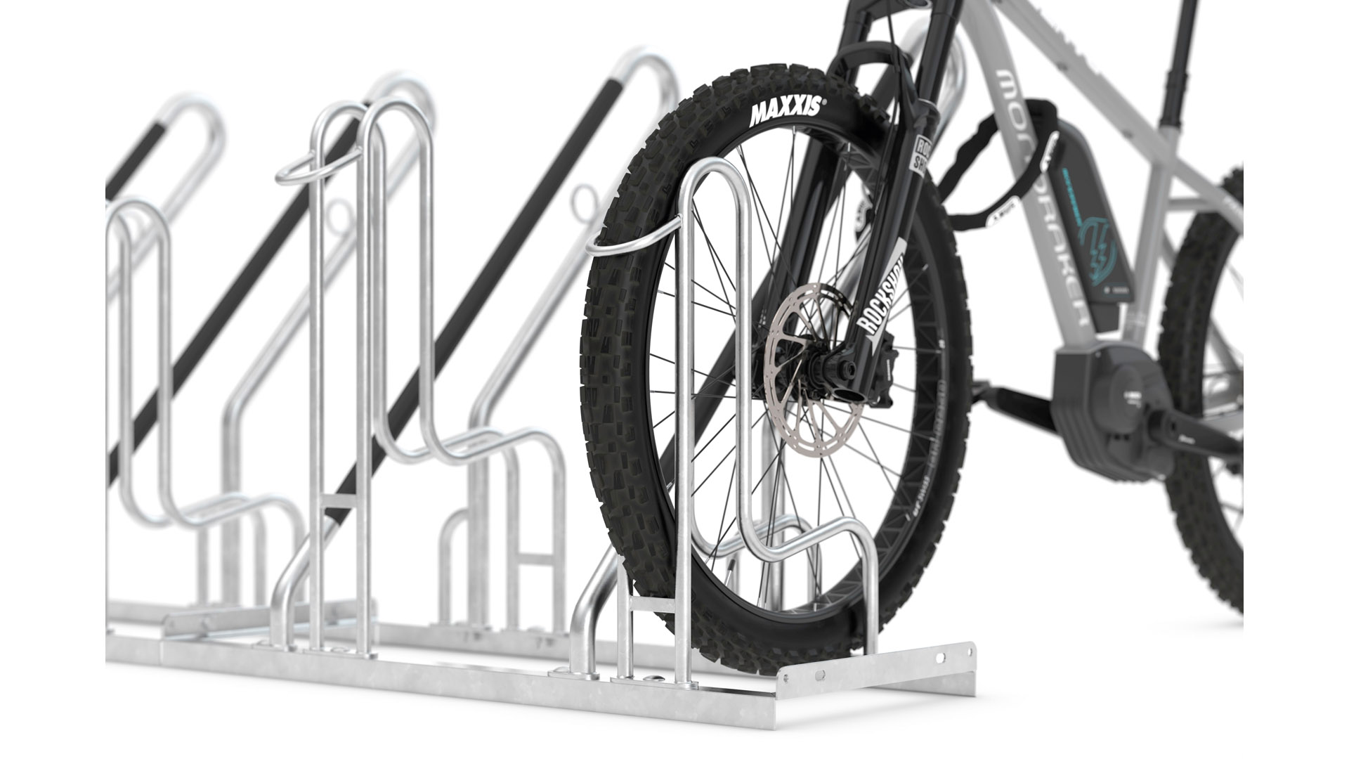 Fahrradständer - Anlehnparker, Stahl verzinkt, einseitige Radeinstellung, Radabstand 500 mm, Hoch-/Tiefstellung, 4er Stand, Länge 2000 mm