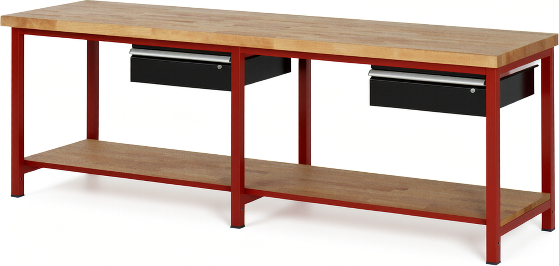 Werkbank Modell 8001 rot - schwarz, BxTxH 2500x700x840 mm,  Buche-Massiv Arbeitsplatte 40 mm,  2 Schubladen mit  Auszug 90 %