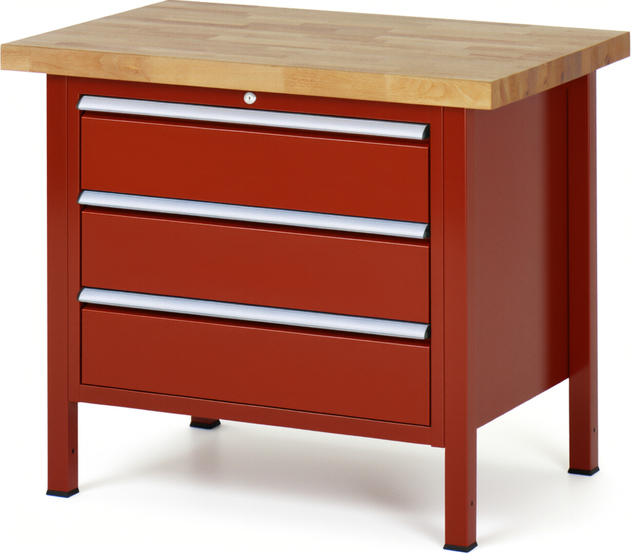 Werkbank Modell 8257 rot, BxTxH 1000x700x840-1040 mm,  Buche-Massiv Arbeitsplatte 40 mm,  3 Schubladen mit  Vollauszug 100 % und  SoftClosing