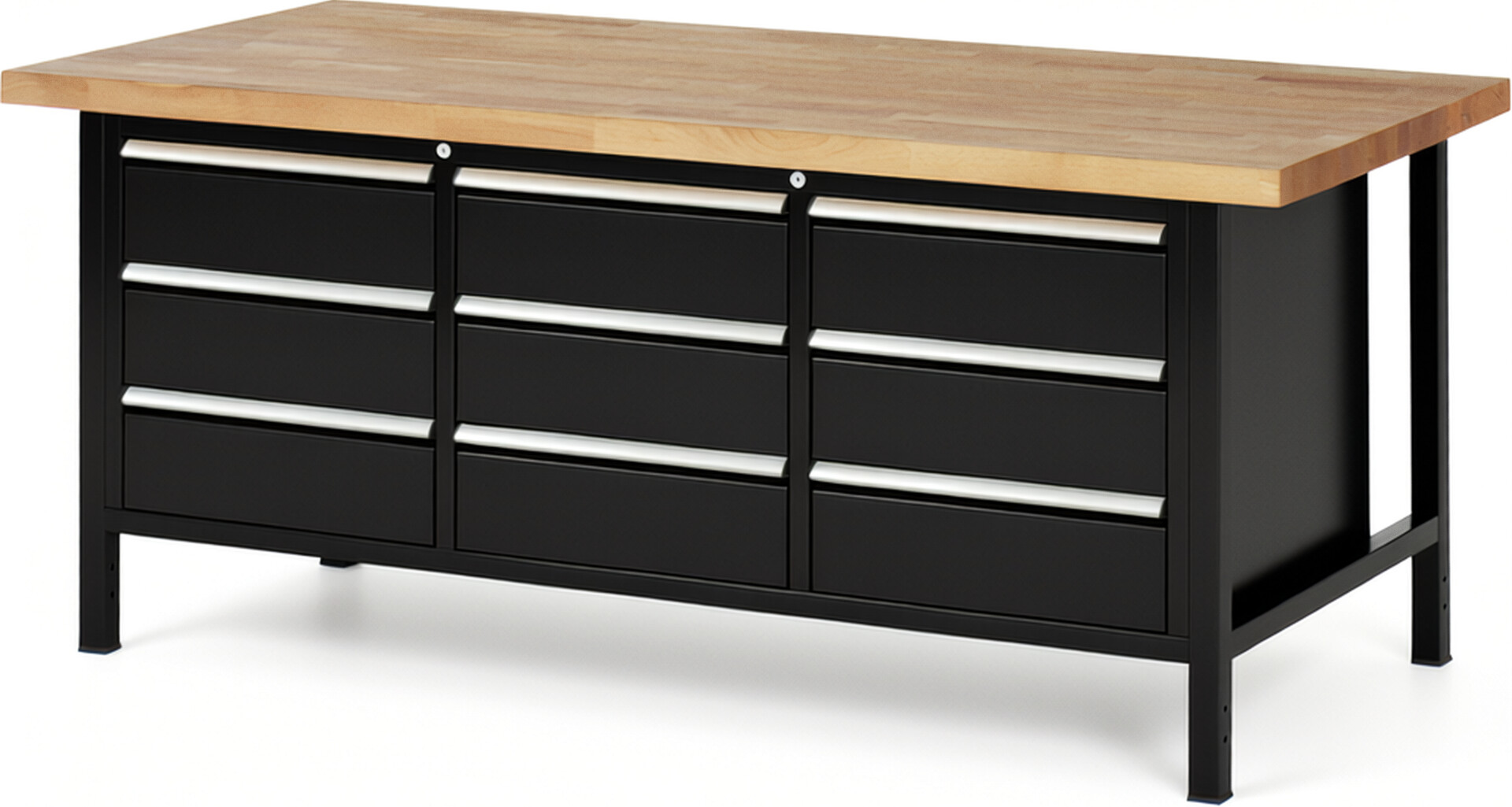 Werkbank Modell 8574 schwarz, BxTxH 2000x900x840-1040 mm,  Buche-Massiv Arbeitsplatte 40 mm,  9 Schubladen mit  Vollauszug 100 % und  SoftClosing