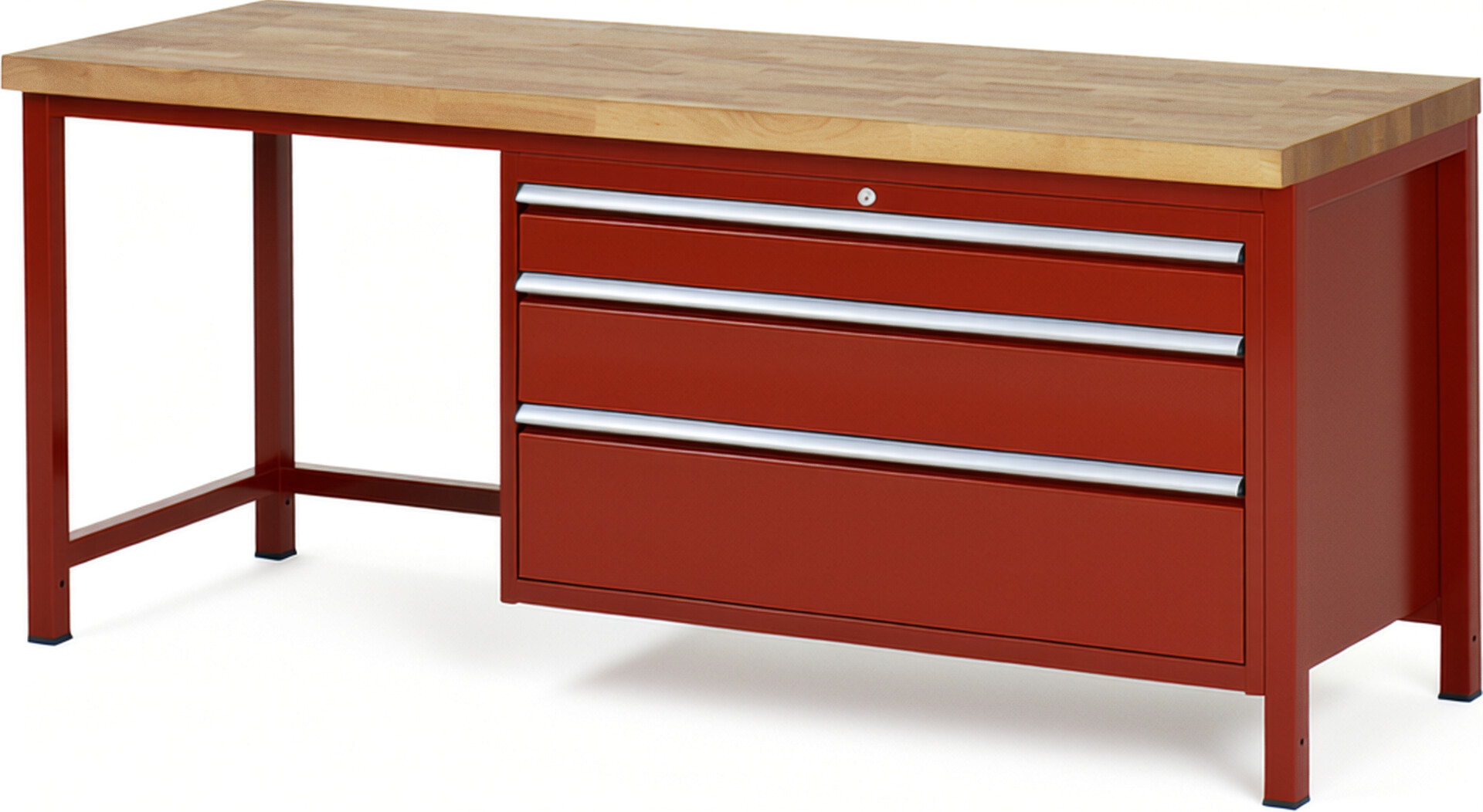 Werkbank Modell 8359 rot, BxTxH 2000x700x840-1040 mm,  Buche-Massiv Arbeitsplatte 40 mm,  3 Schubladen mit  Auszug 90 %