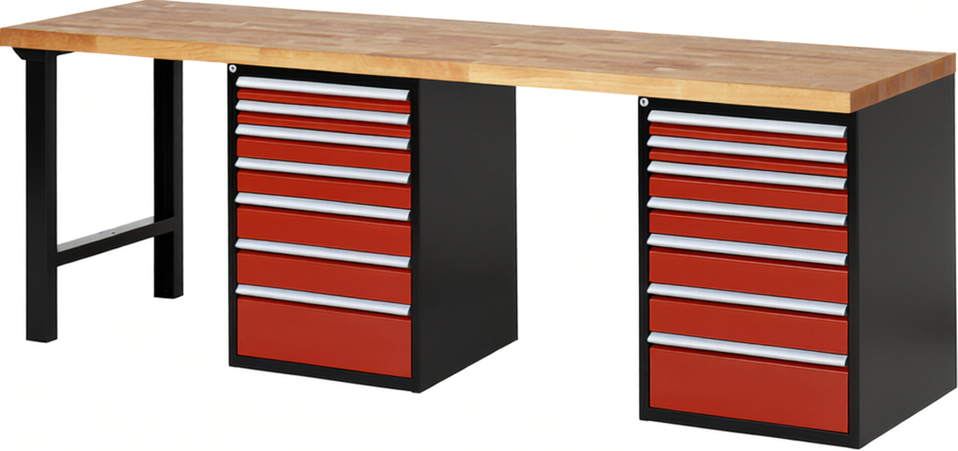 Werkbank Modell 7517 schwarz-rot, BxTxH 2500x700x890 mm,  Buche-Massiv Arbeitsplatte 40 mm,  14 Schubladen mit  Vollauszug 100 % und  SoftClosing