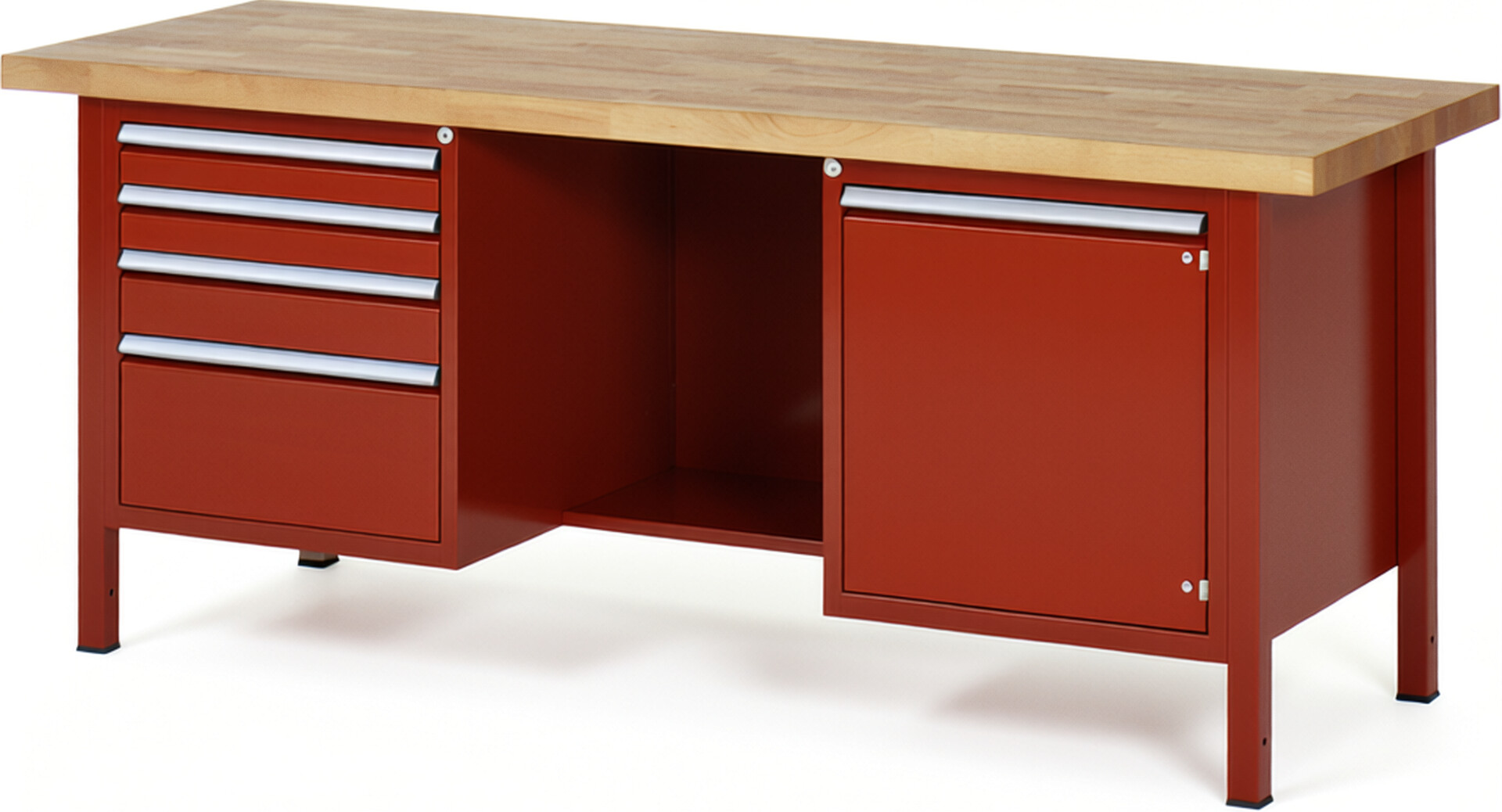 Werkbank Modell 8553 rot, BxTxH 2000x700x840-1040 mm,  Buche-Massiv Arbeitsplatte 40 mm,  4 Schubladen mit  Auszug 90 %