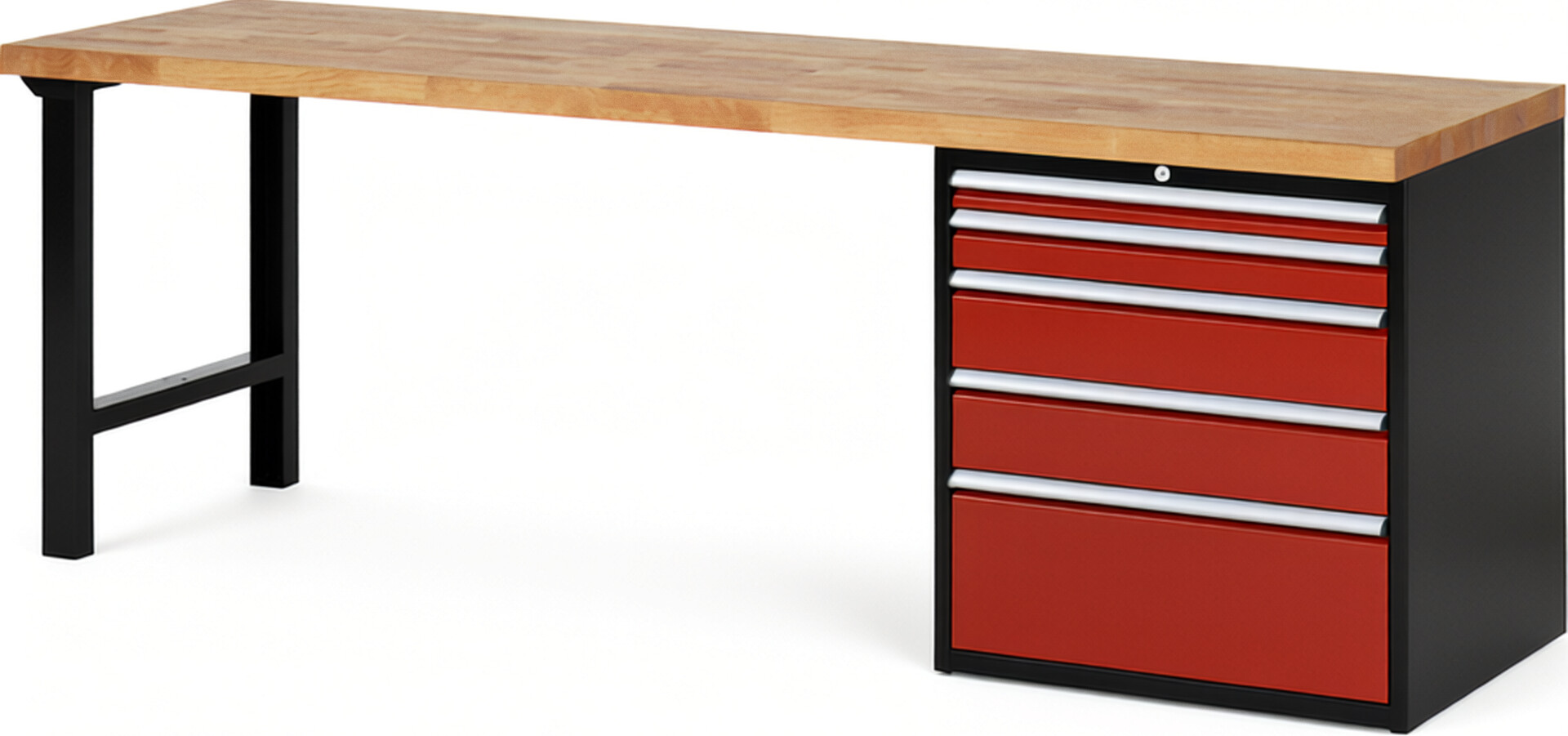 RAU Werkbank schwarz - rot - Breite 250 cm - Tiefe 70 cm - Höhe 84 cm - Buche-Massiv Arbeitsplatte 40 mm