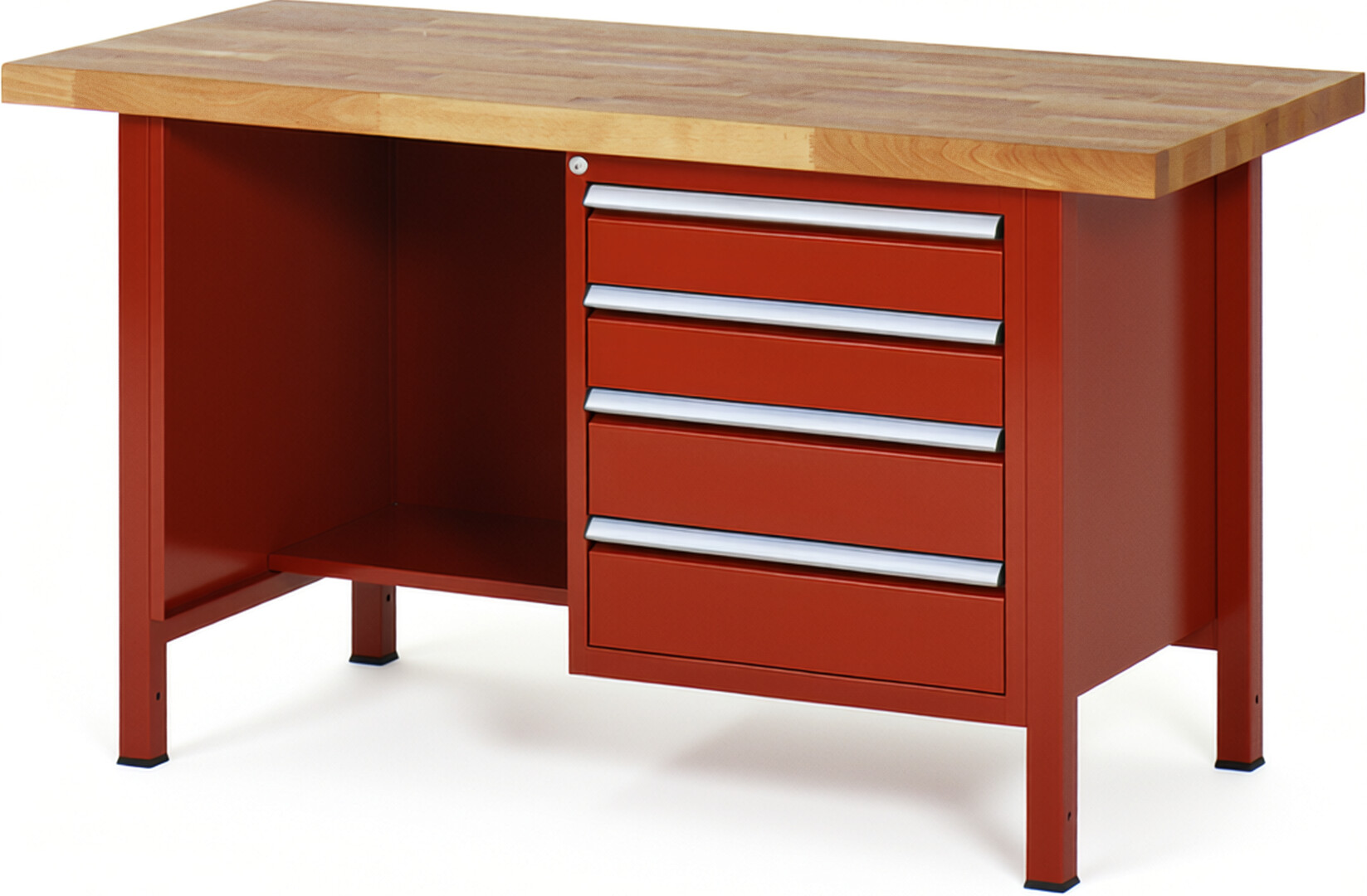 Werkbank Modell 8453 rot, BxTxH 1500x700x840 mm,  Buche-Massiv Arbeitsplatte 40 mm,  4 Schubladen mit  Vollauszug 100 % und  SoftClosing