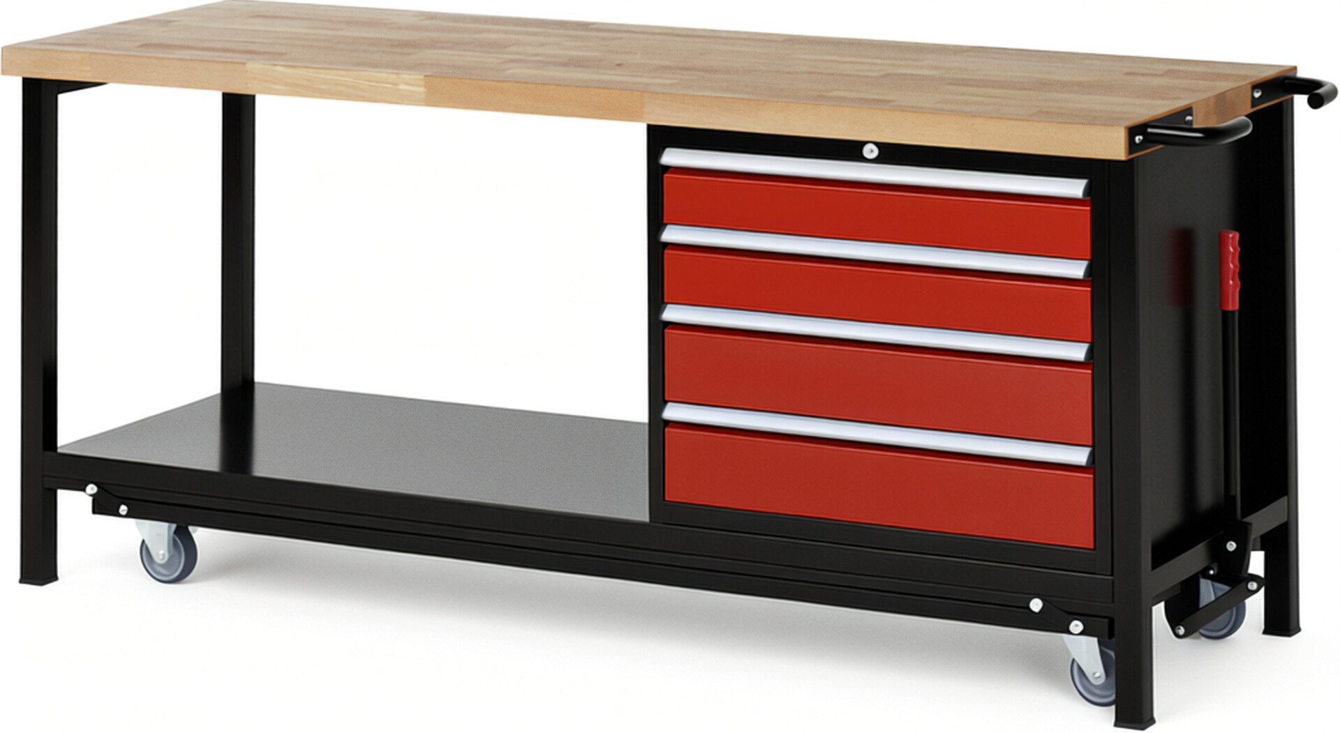 RAU Werkbank schwarz - rot - Breite 200 cm - Tiefe 70 cm - Höhe 88 cm - Buche-Massiv Arbeitsplatte 40 mm