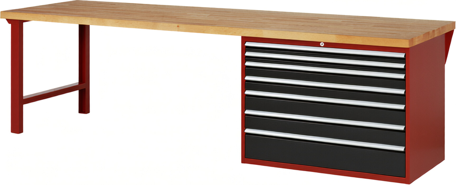 Werkbank Modell 7717 rot - schwarz, BxTxH 3000x900x890 mm,  Buche-Massiv Arbeitsplatte 40 mm,  7 Schubladen mit  Vollauszug 100 % und  SoftClosing