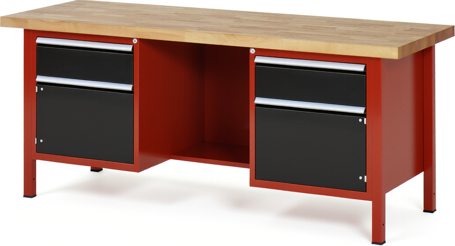 Werkbank Modell 8551 rot - schwarz, BxTxH 2000x700x840-1040 mm,  Buche-Massiv Arbeitsplatte 40 mm,  2 Schubladen mit  Auszug 90 %