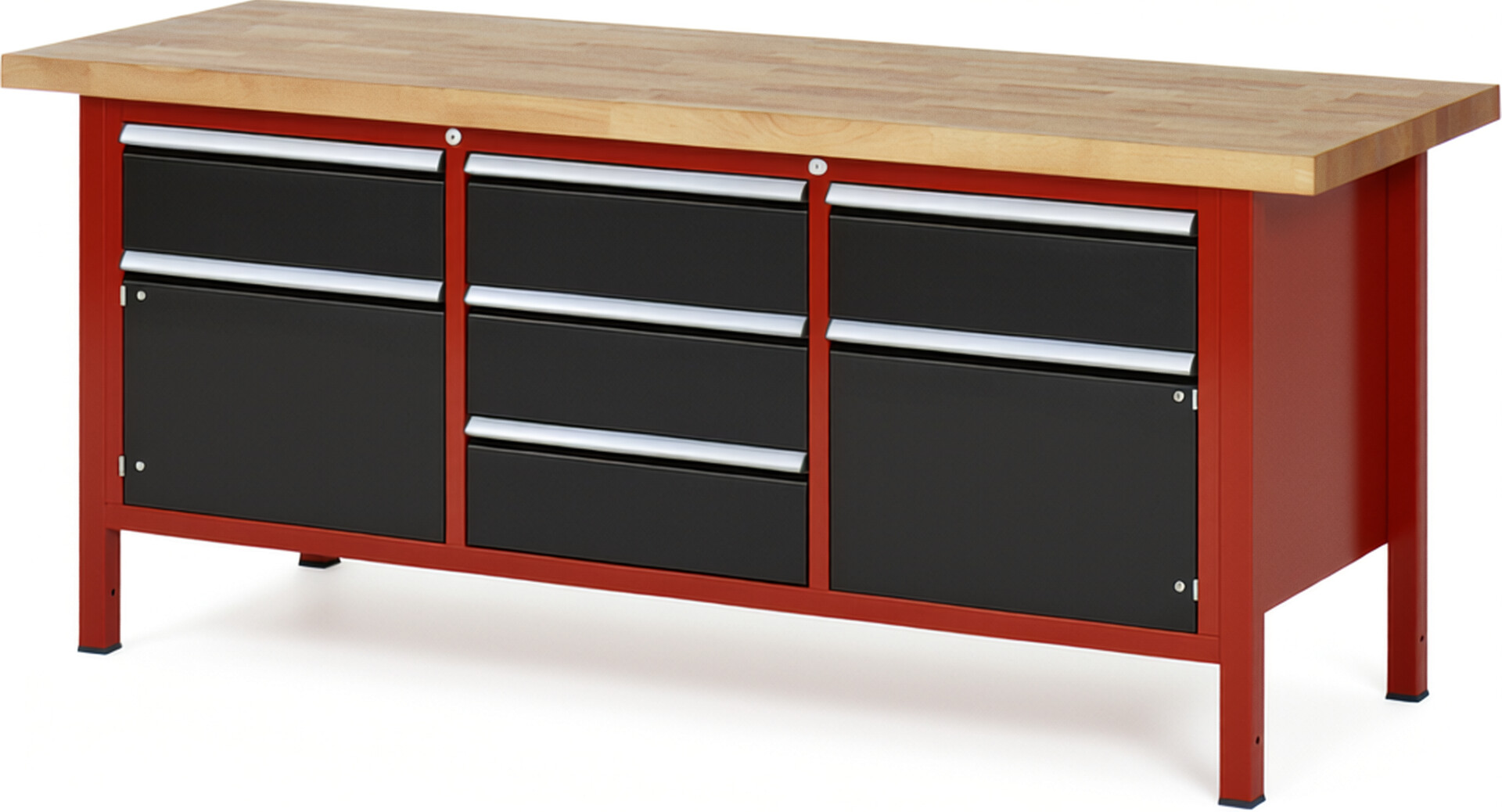 Werkbank Modell 8568 rot - schwarz, BxTxH 2000x700x840-1040 mm,  Buche-Massiv Arbeitsplatte 40 mm,  5 Schubladen mit  Auszug 90 %