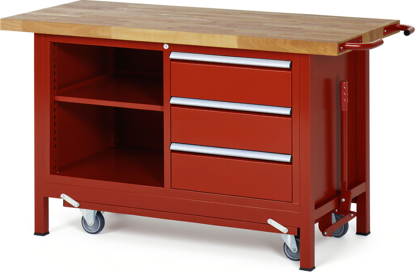 Absenkbare Werkbank Modell 8462 rot, BxTxH 1500x700x880 mm,  Buche-Massiv Arbeitsplatte 40 mm,  3 Schubladen mit  Vollauszug 100 % und  SoftClosing